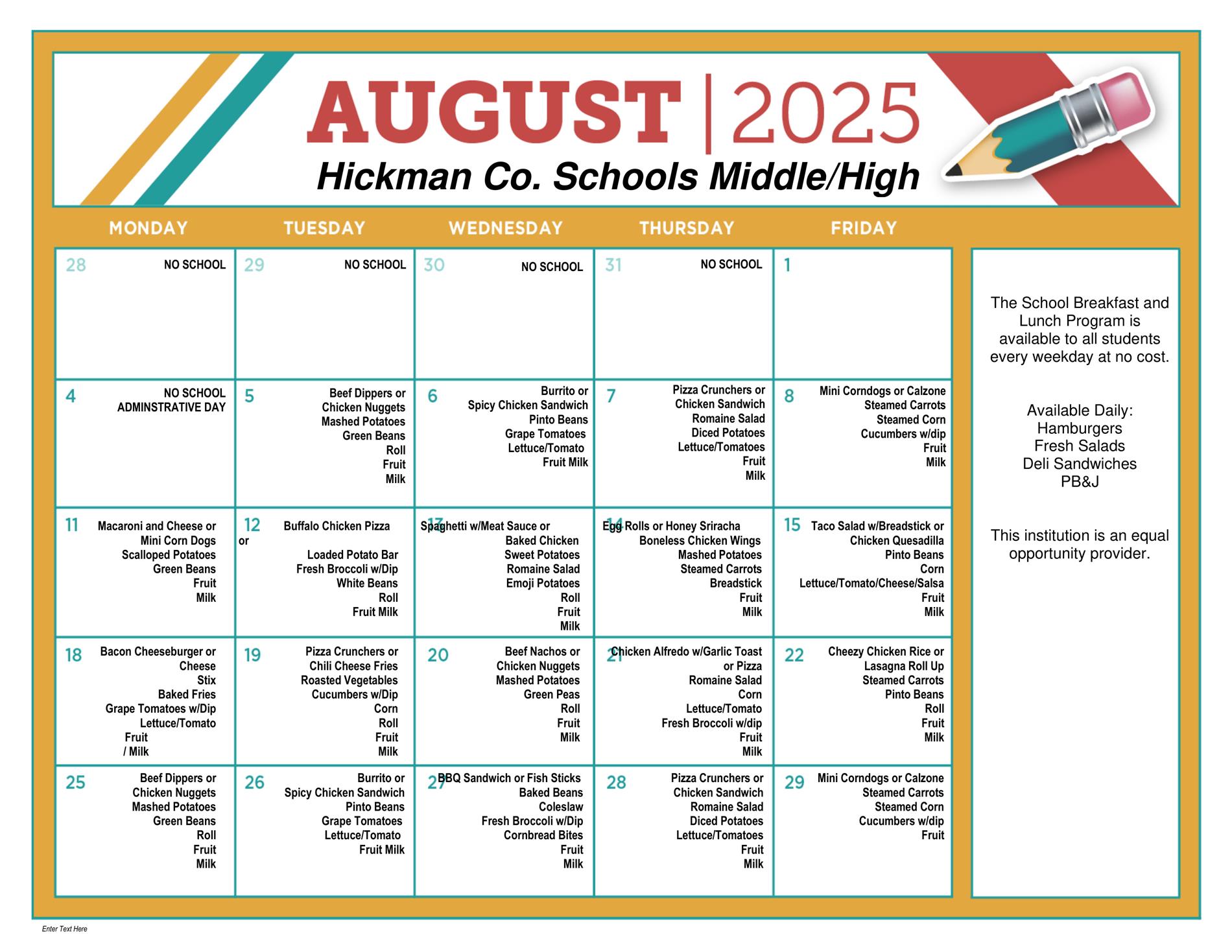 Menu for High School and Middle School for August