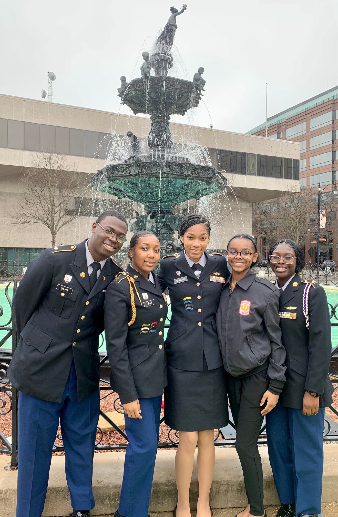 Blount JROTC cadets pose with the fountain at Rosa Parks Memorial on Dexter Avenue in Montgomery, Alabama.
