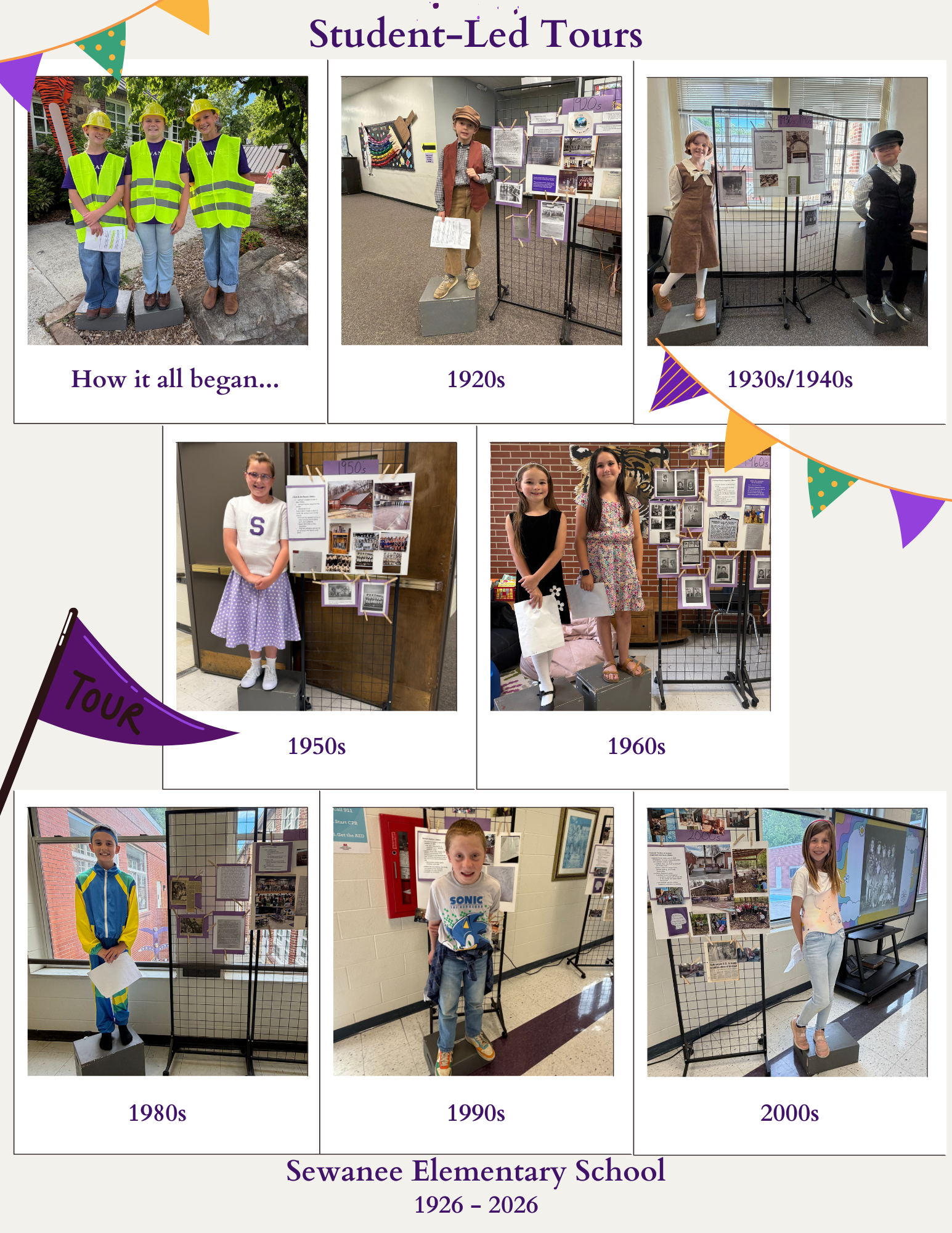 Student-Led Tours during the 100th Birthday Celebration included construction workers telling the story of the school (How it all began), 1920s, 1930s/1940s, 1950s, 1960s, 1980s, 1990s, and 2000s