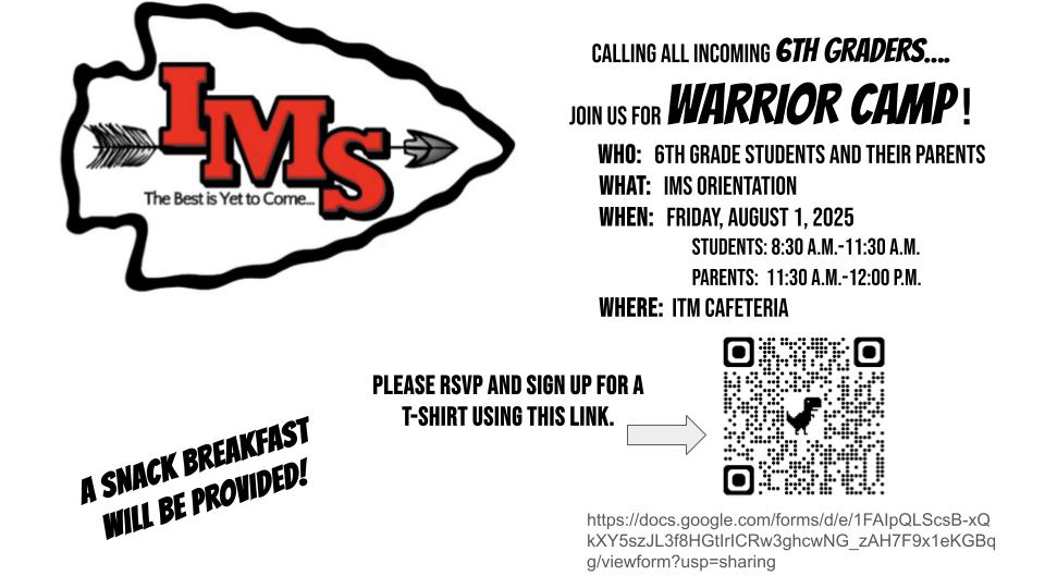 INCOMING 6TH GRADE WARRIOR CAMP. USE QR CODE TO REGISTER PLEASE INCOMING 6TH GRADE WARRIOR CAMP. USE QR CODE TO REGISTER PLEASE