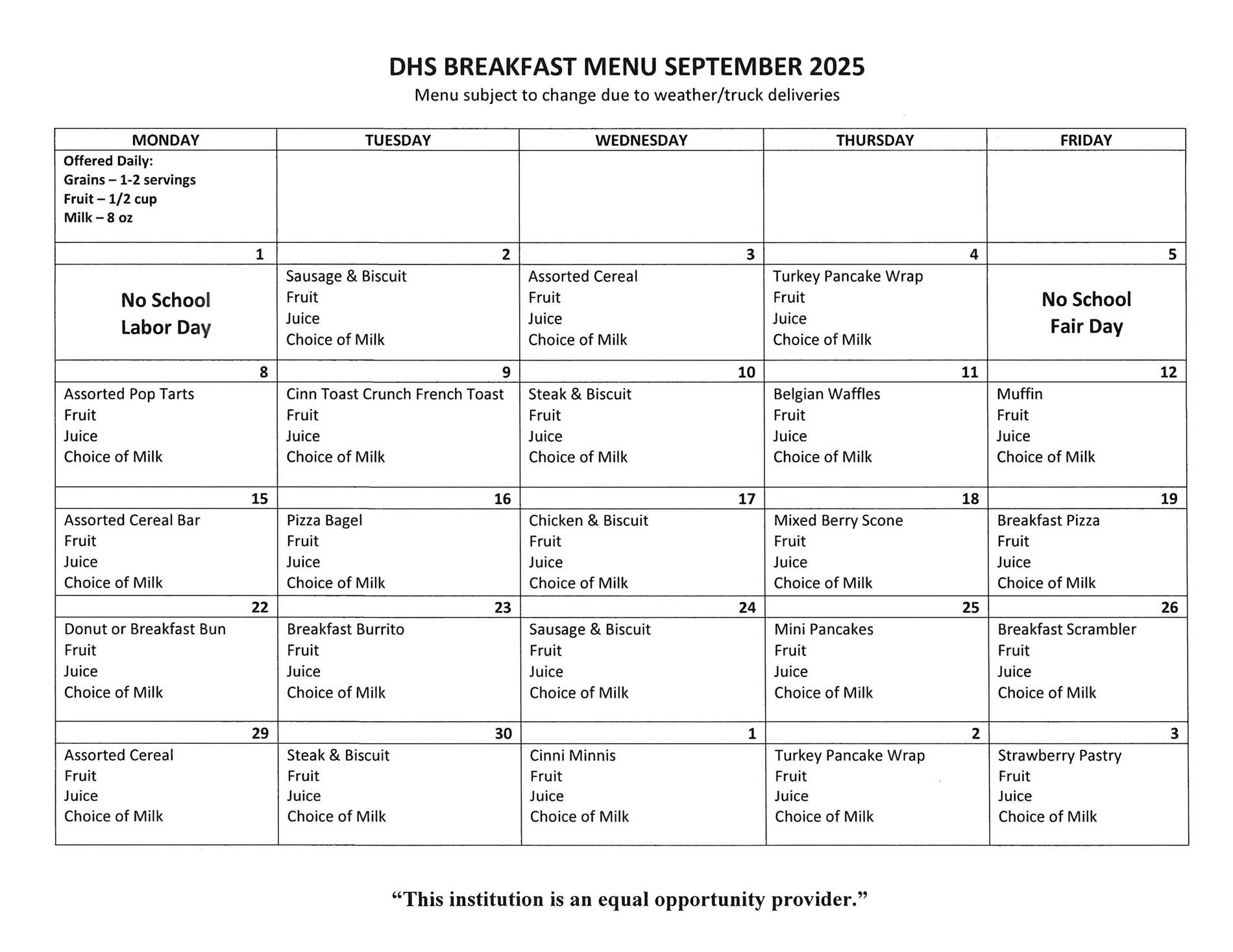DHS Breakfast Menu
