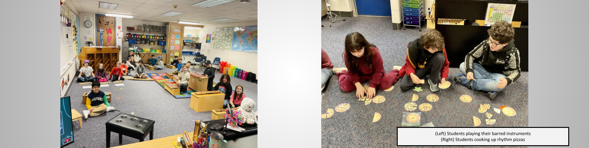 (Left) Students playing their barred instruments (Right) Students cooking up rhythm pizzas