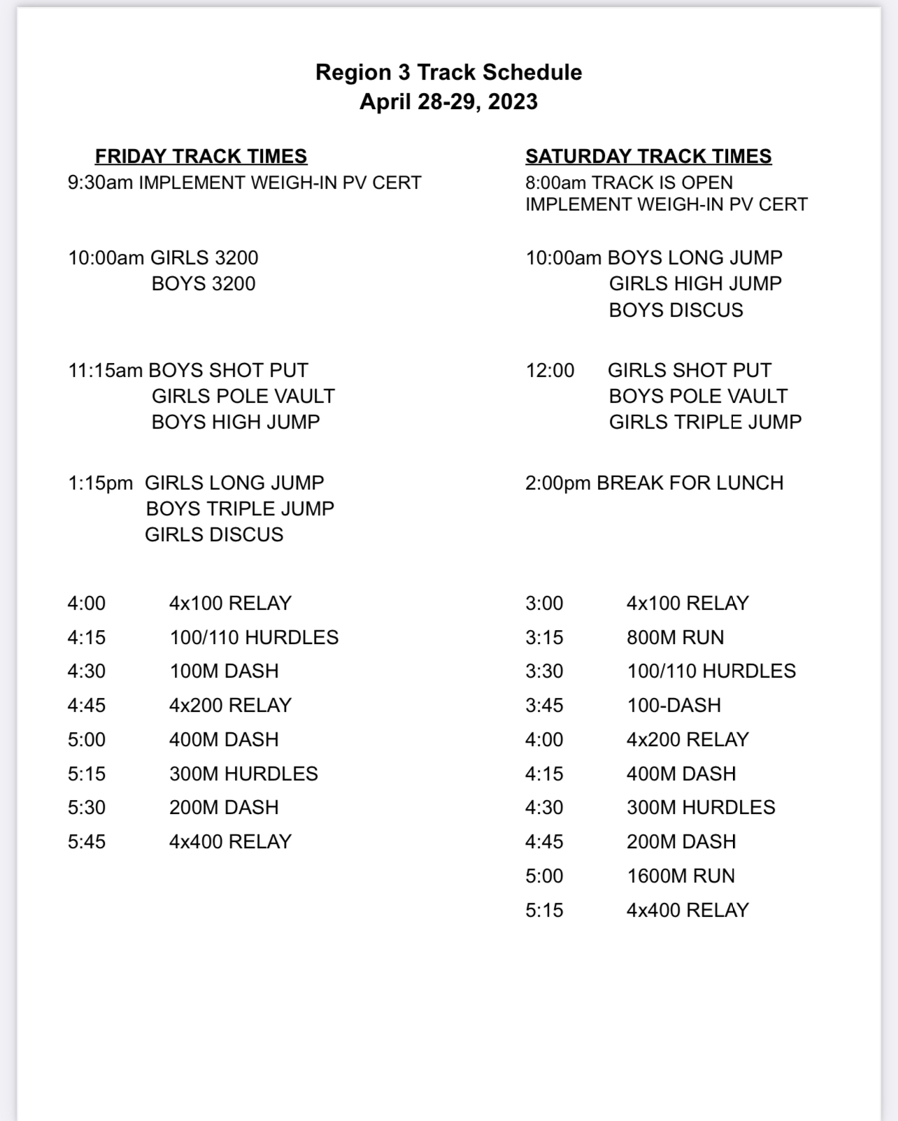 Region 3 Track Meet Information