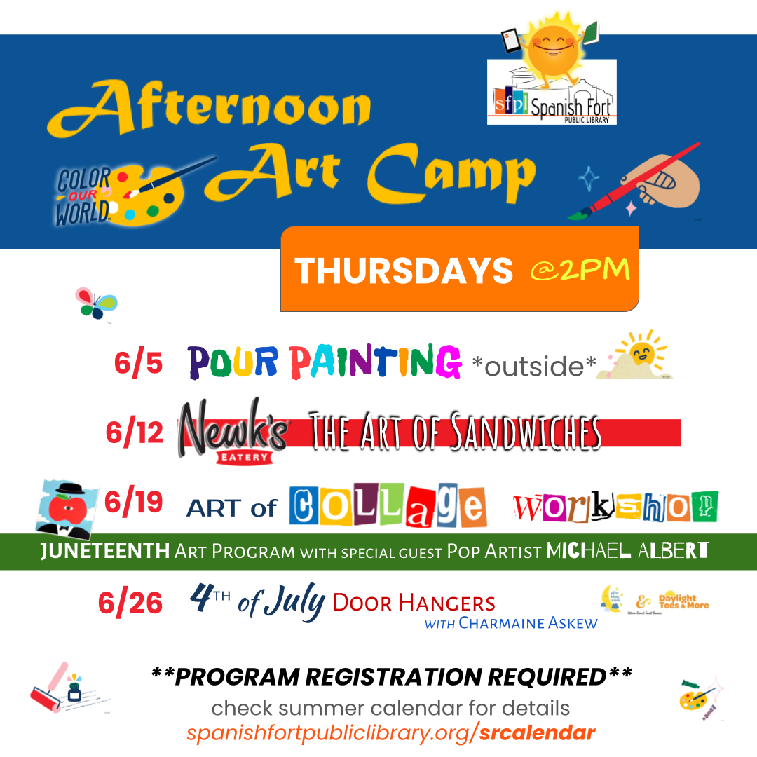 Afternoon Art Camp Thursdays at 2:00.pm. for all ages. See calendar for details