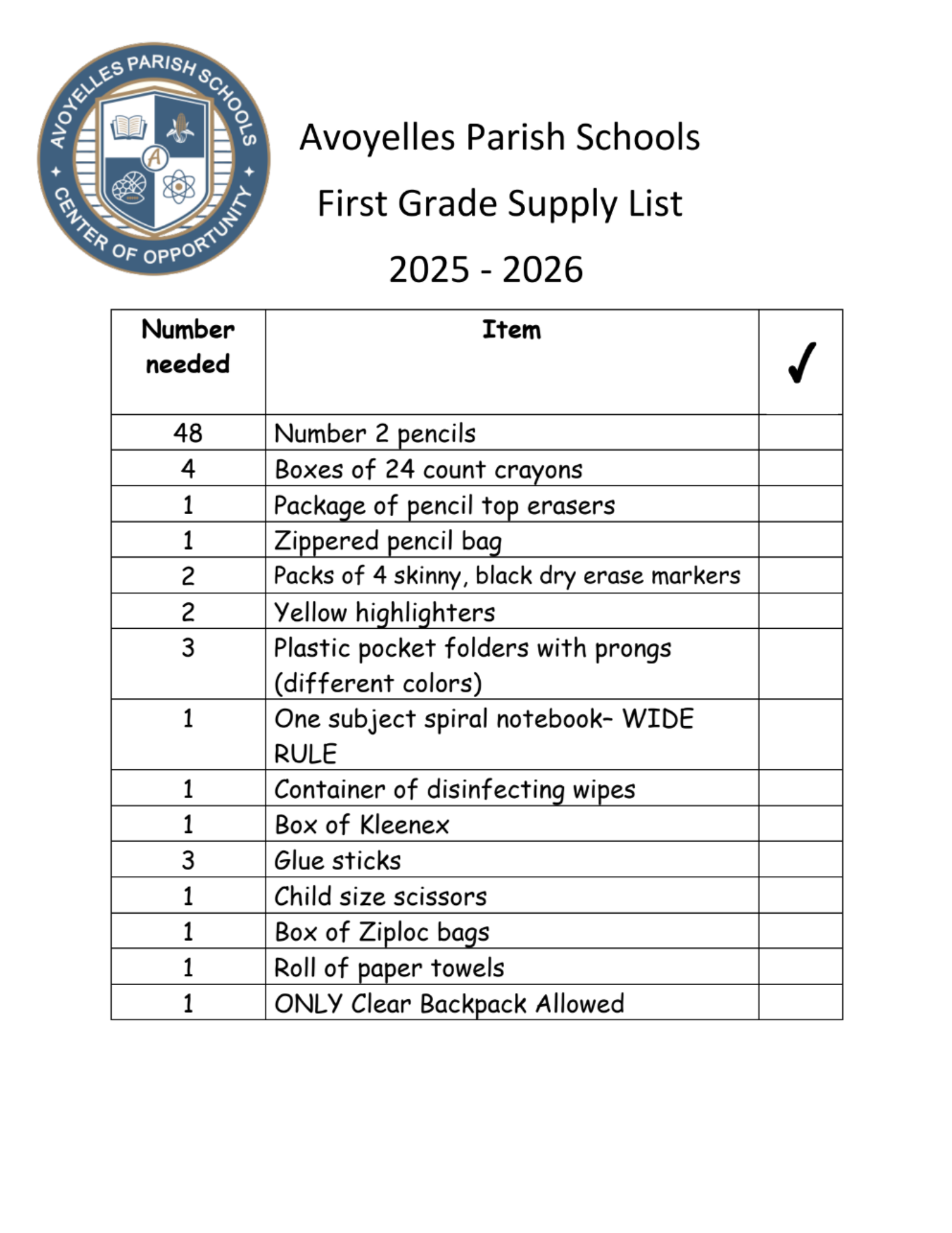 1st Grade Supply List 25-26