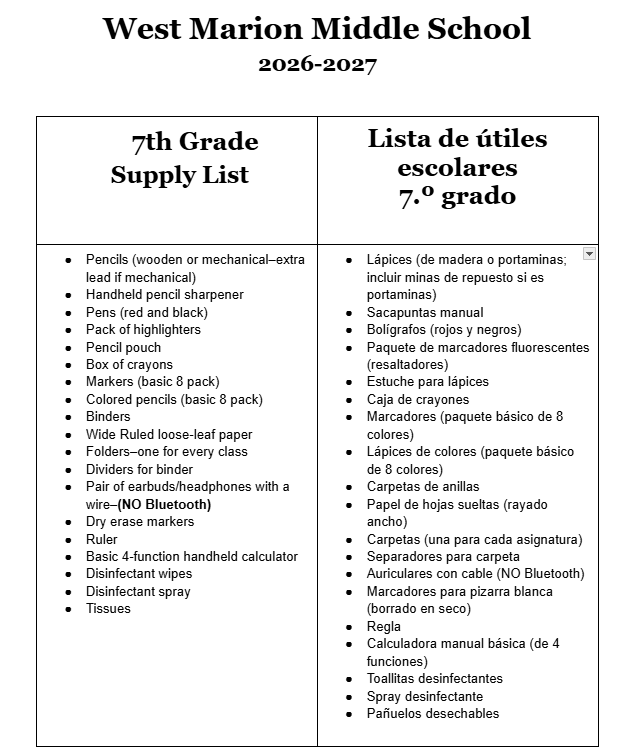 7th grade supply list