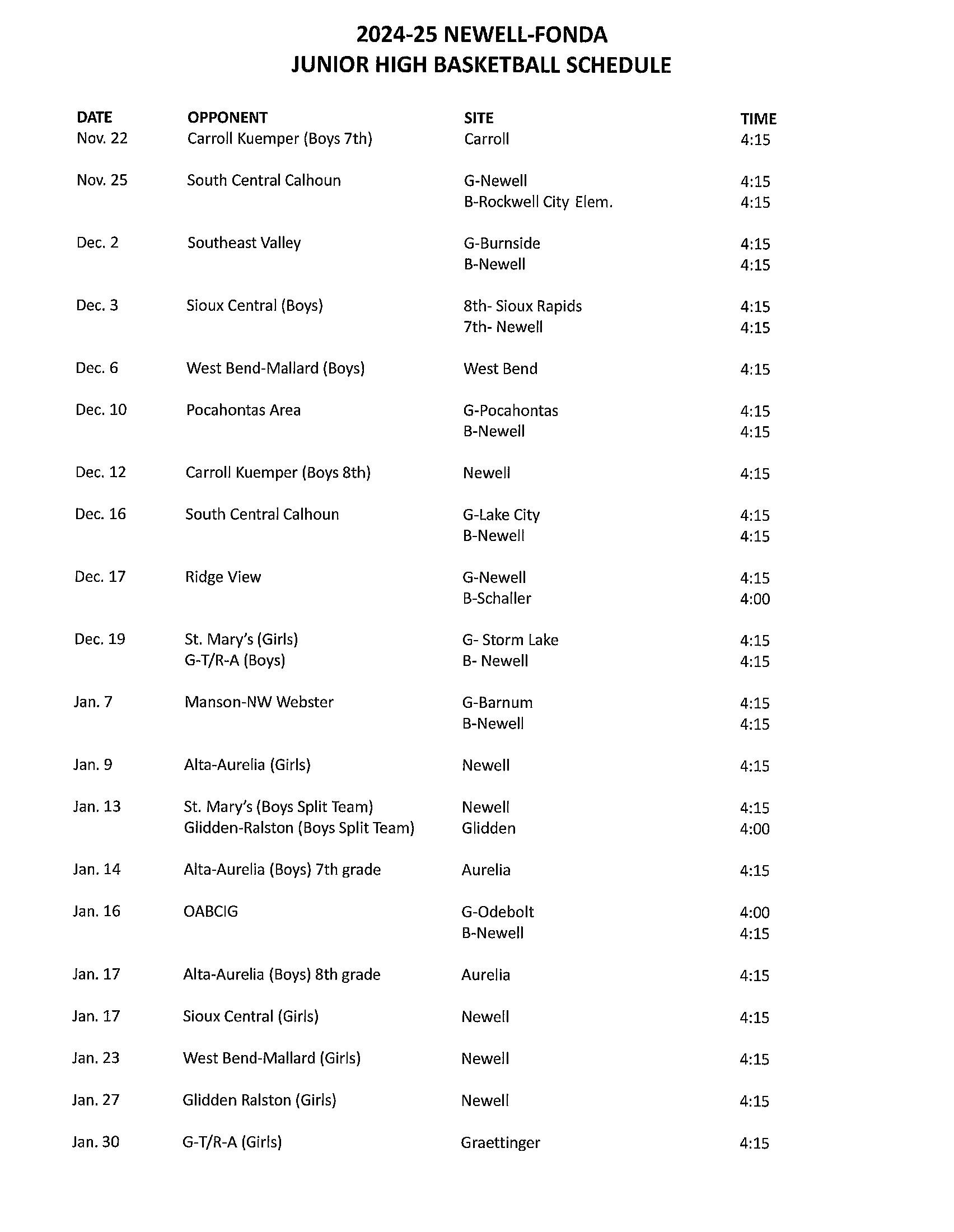 2024-25 Junior High Boys Basketball Schedule