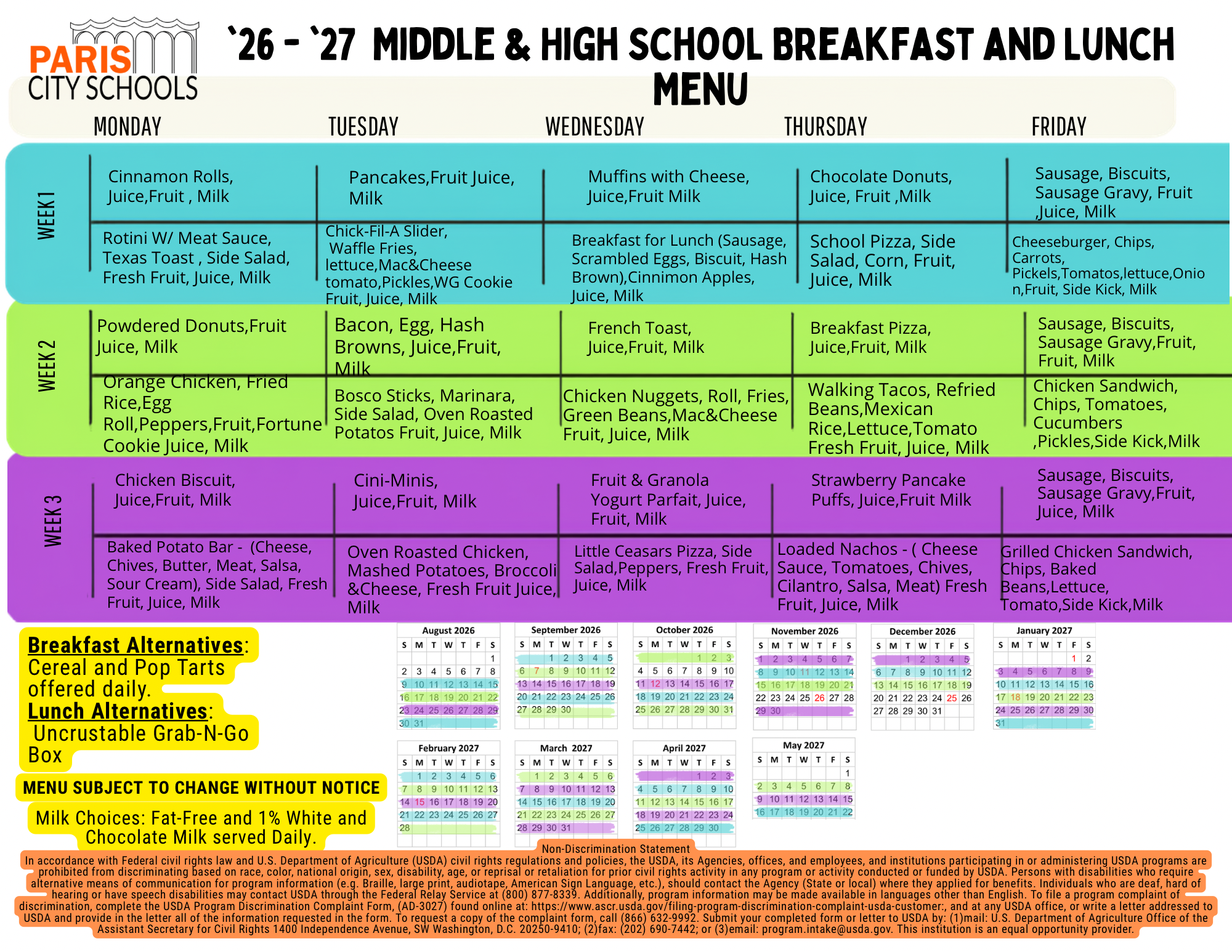 MS and HS 2026-2027 Breakfast-Lunch Menu