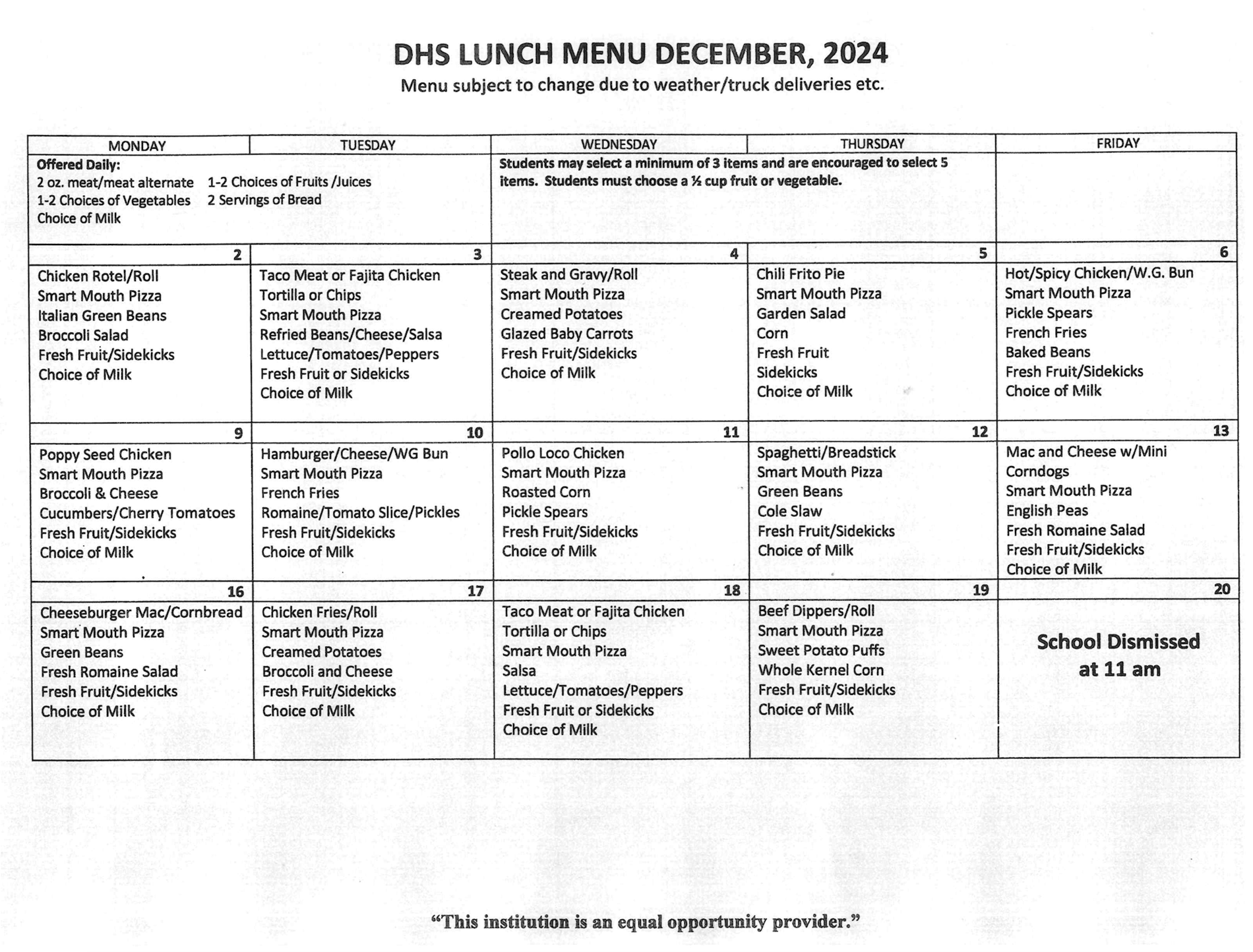 DHS Lunch Menu Page 1