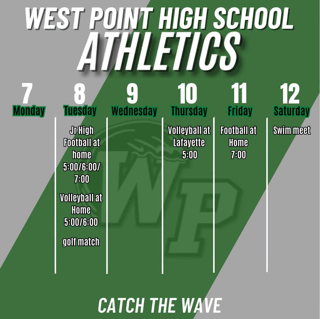 West Point High School Athletics Catch the Wave flyer listing events for September 7–12, including junior high football, volleyball, golf, varsity football, and a swim meet.