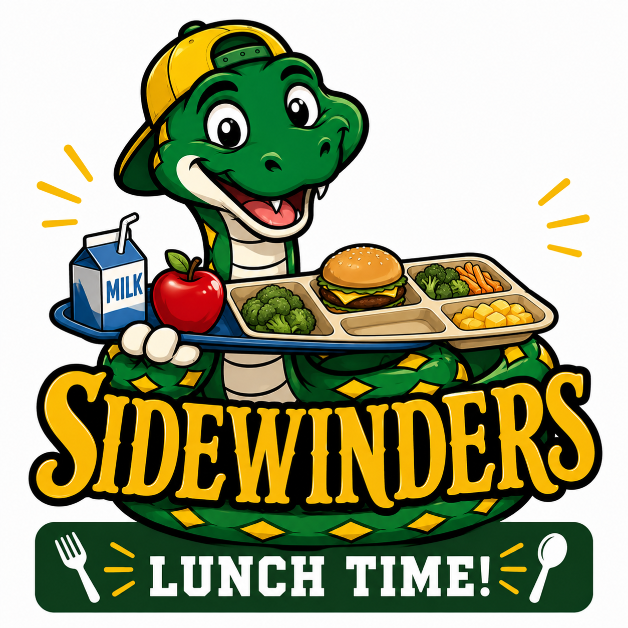 A cartoon sidewinder getting school lunch