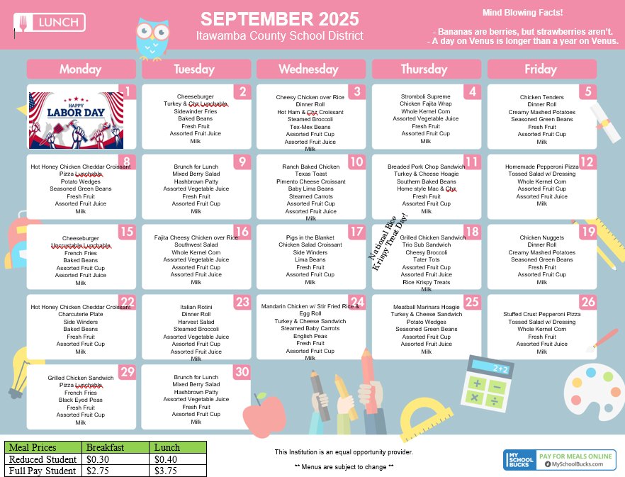 September 2 menu