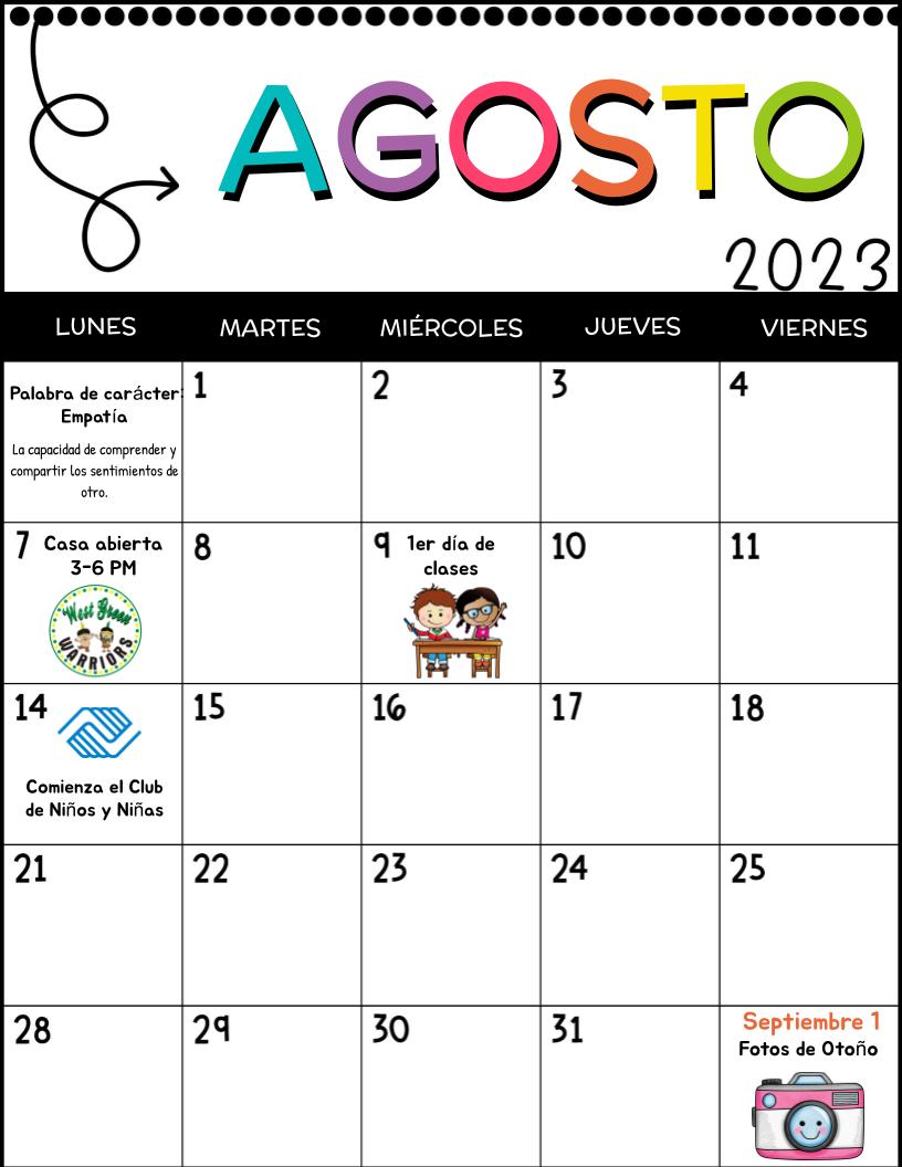 AUGUST 2023 SCHOOL CALENDAR (SPANISH)