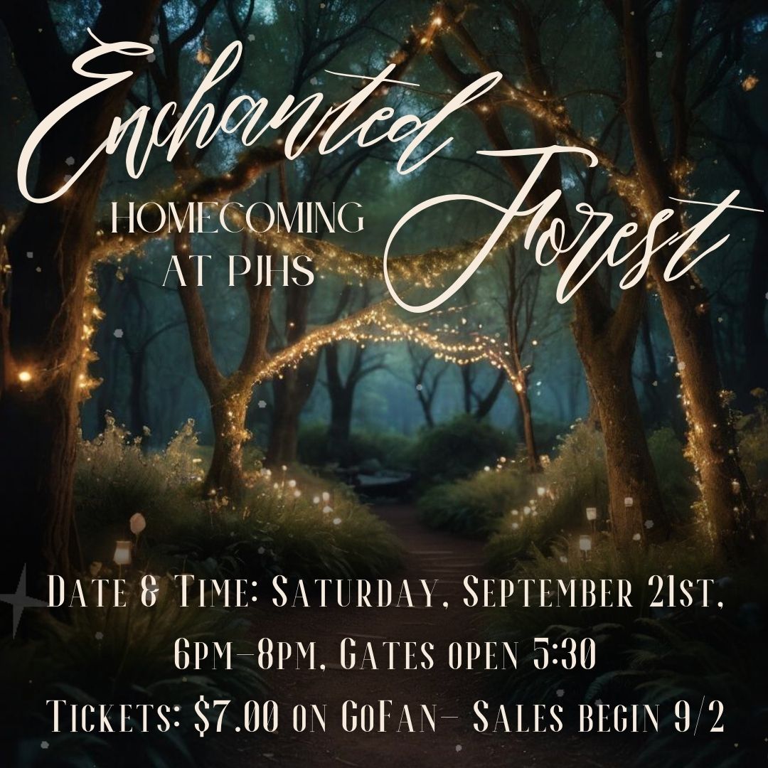 Text "Date & Time: Saturday, September 21st, 6pm-8pm, Gates open 5:30 Tickets: $7.00 on GoFan- Sales begin 9/2" on an image of twinkling lit trees on a pathway