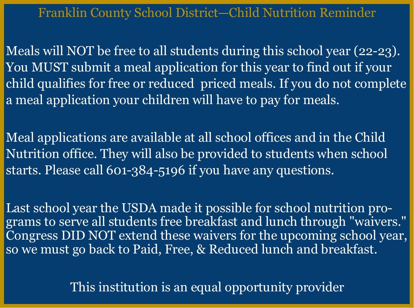 Notice reminding parents to complete meal applications