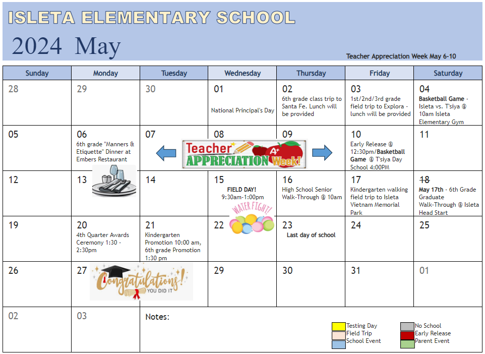 activity calendar for may showing field trips, dinners, graduation, and other school activities throughout the month of may