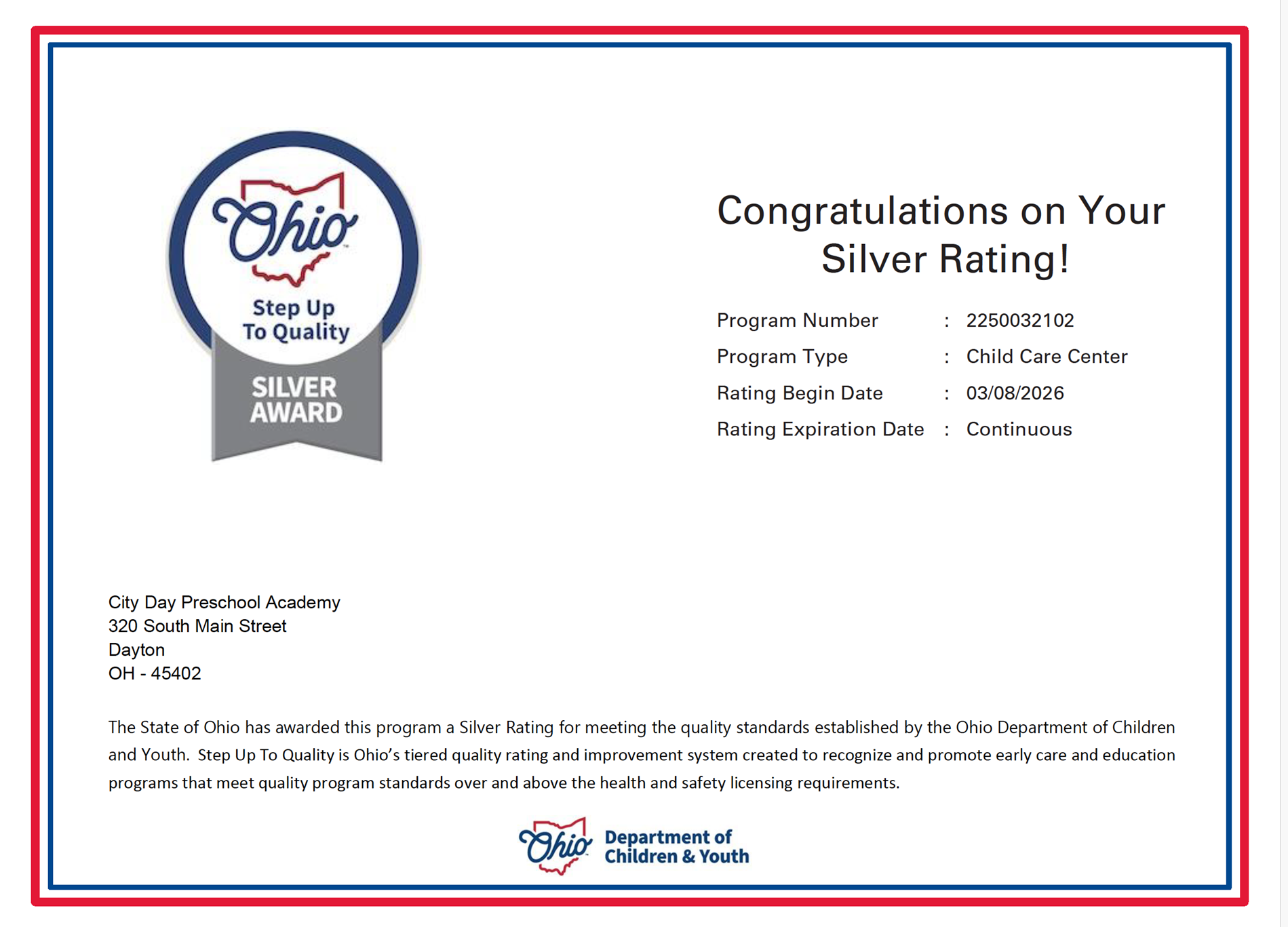 City Day Preschool Academy SUTQ Silver Award Certificate