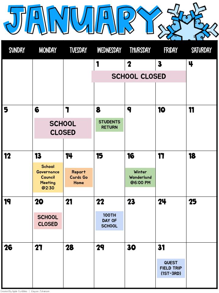 JANUARY SCHOOL CALENDAR (ENGLISH)