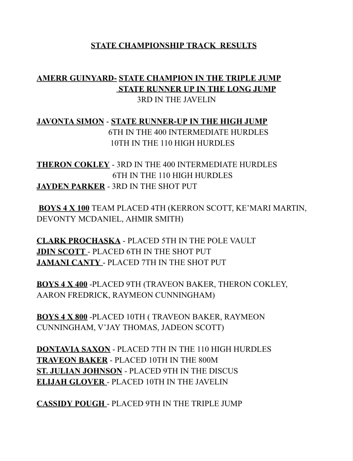 State Track Championship Results