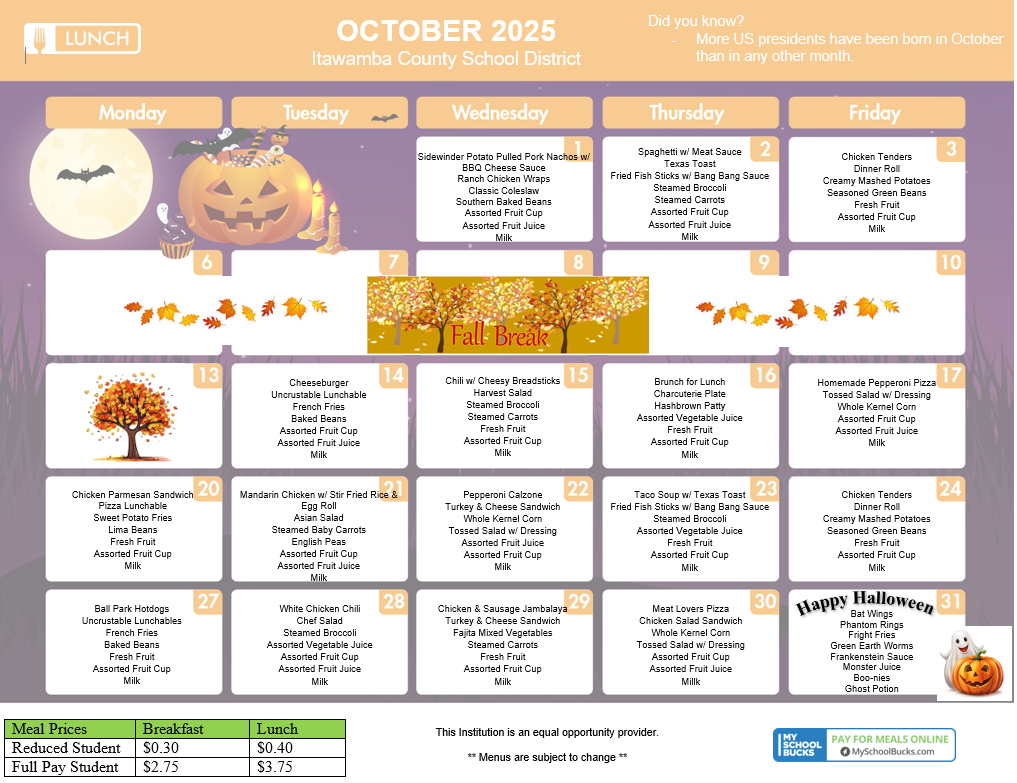 October Lunch Menu