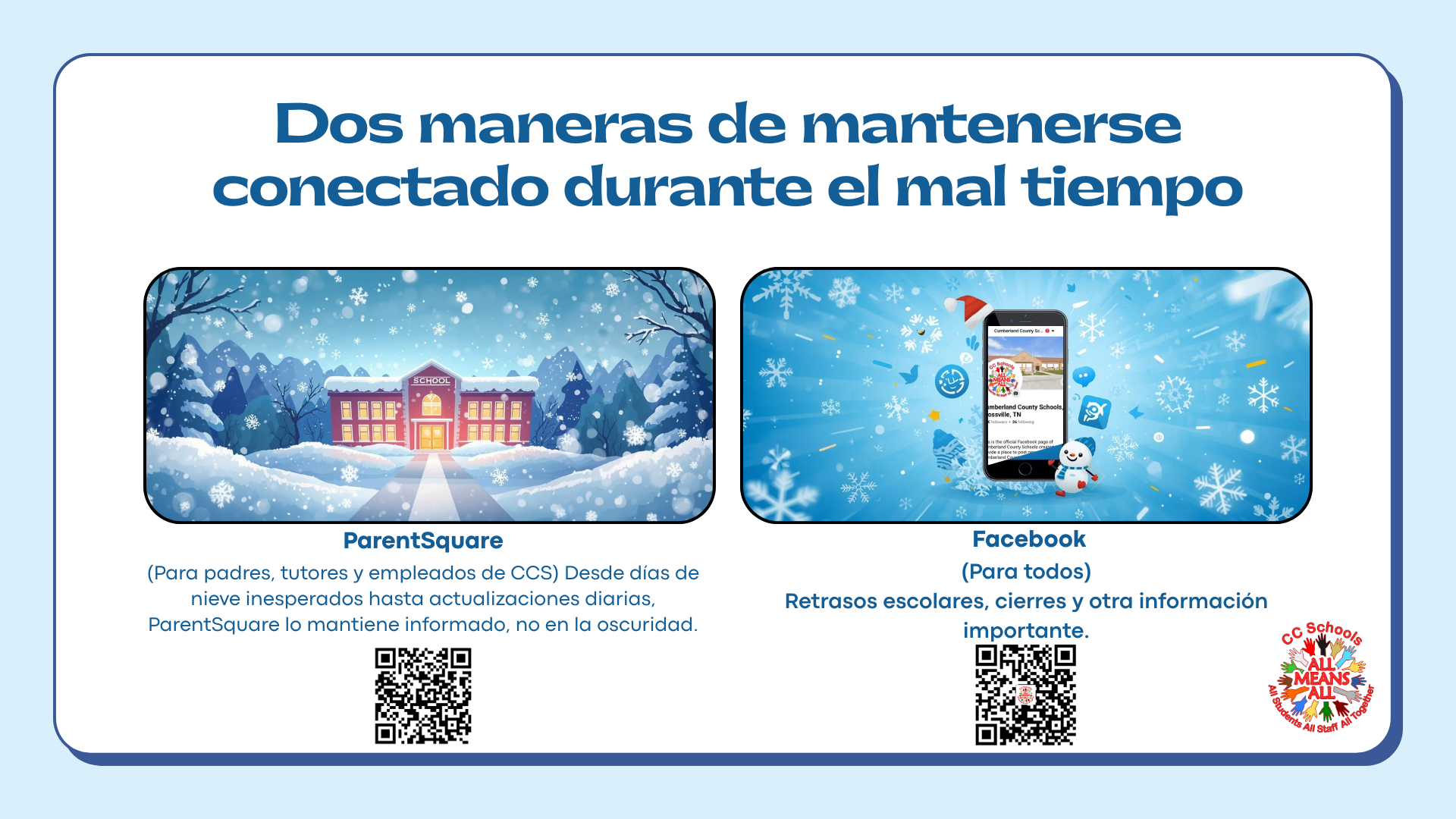 2 Ways to Stay Connected ParentSquare and Facebook QR codes Spanish