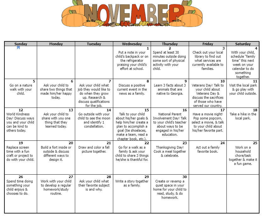 month of november activities calendar of events