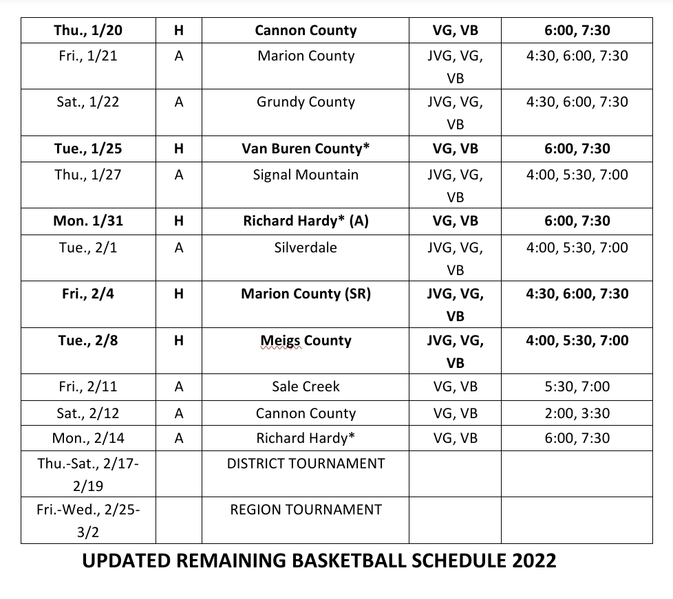 Updated Basketball Remaining Schedule