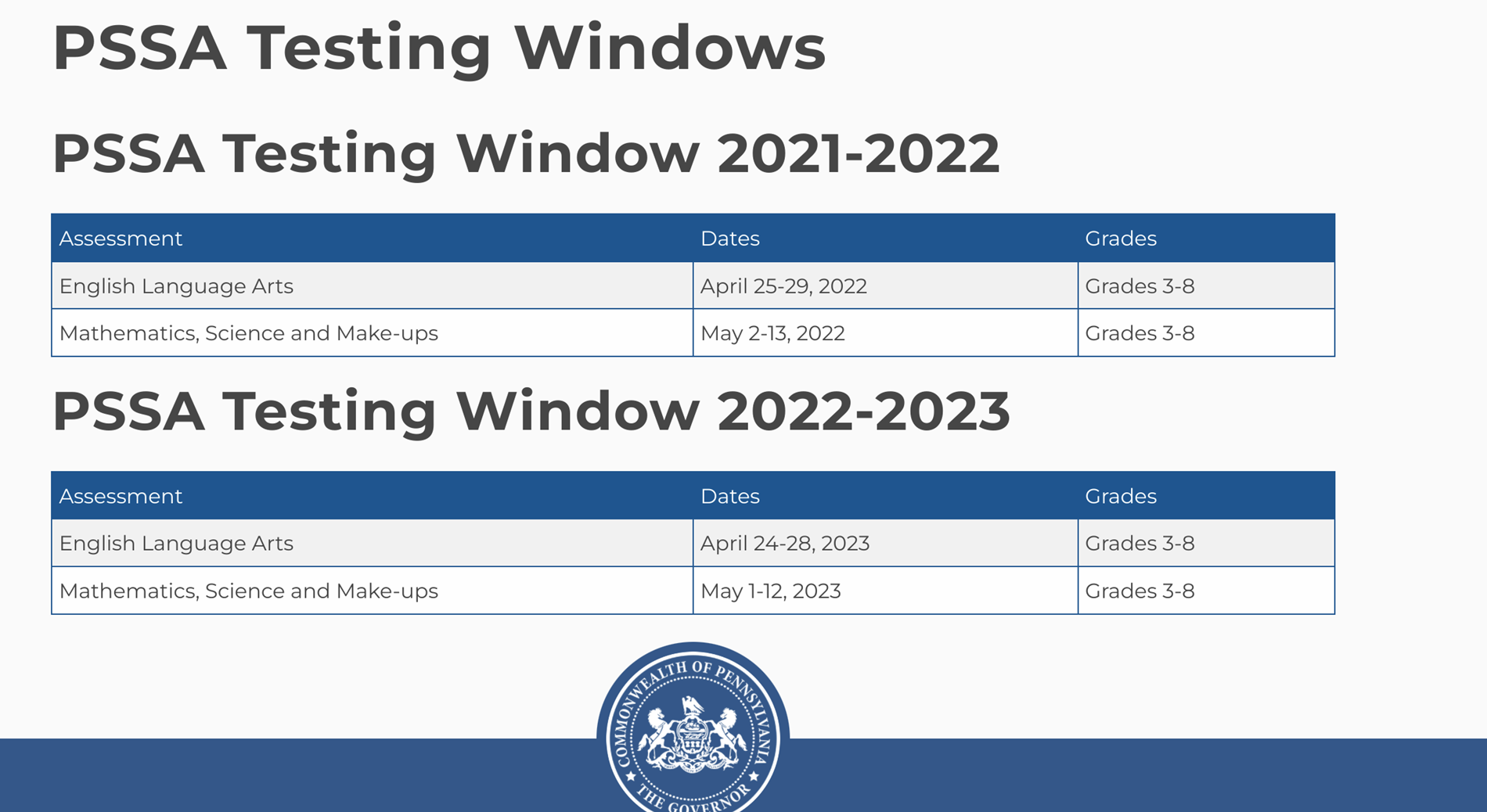 Pssa Schedule 2022 Guidance - Portage Area School District