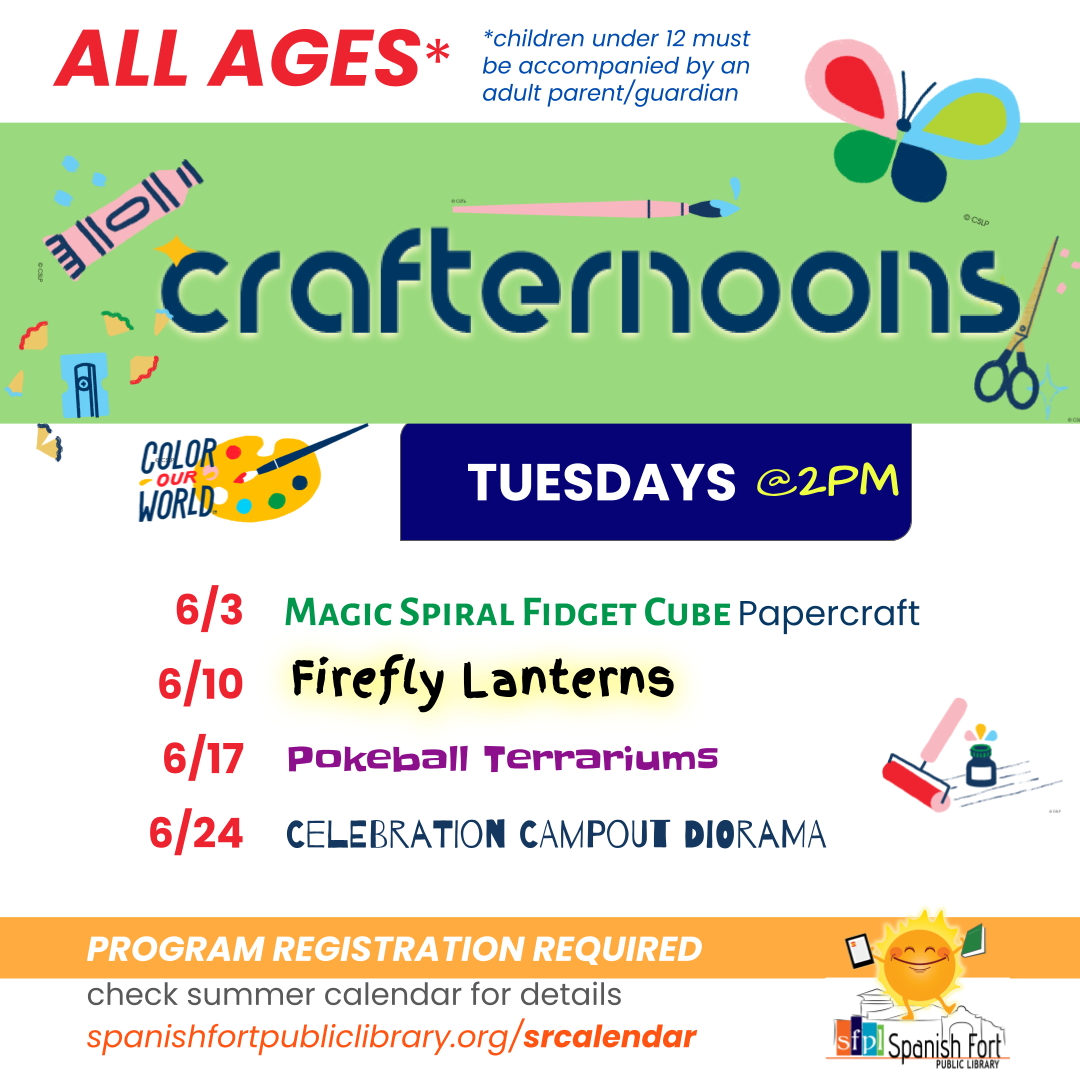 Craft program for all ages at 2:00 p.m. every Tuesday afternoon in June. Registration is required. Click for calendar.