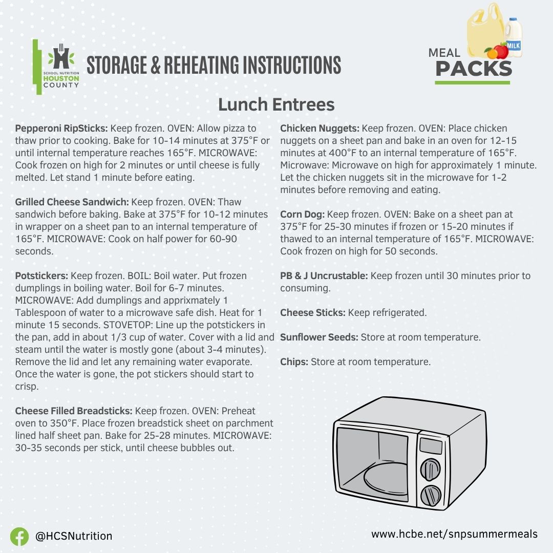 Storage & Reheating Instructions for Lunch Entrees - Click for Details