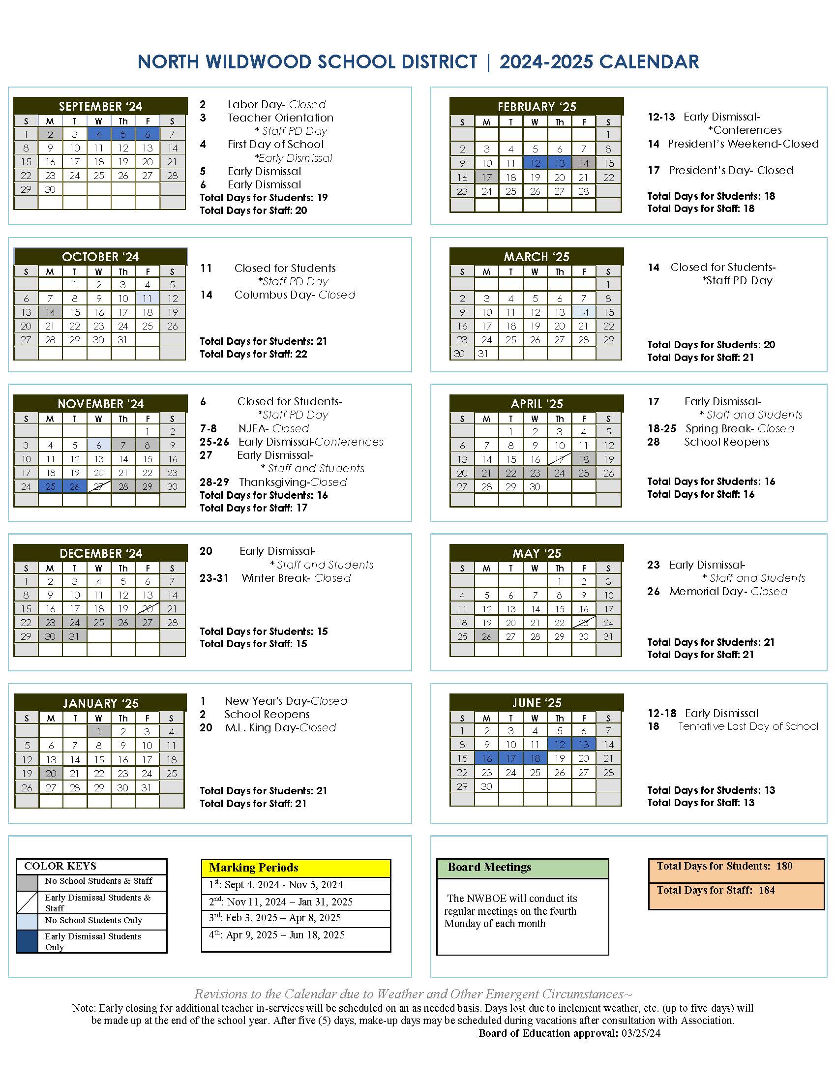 2024 - 2025 Calendar