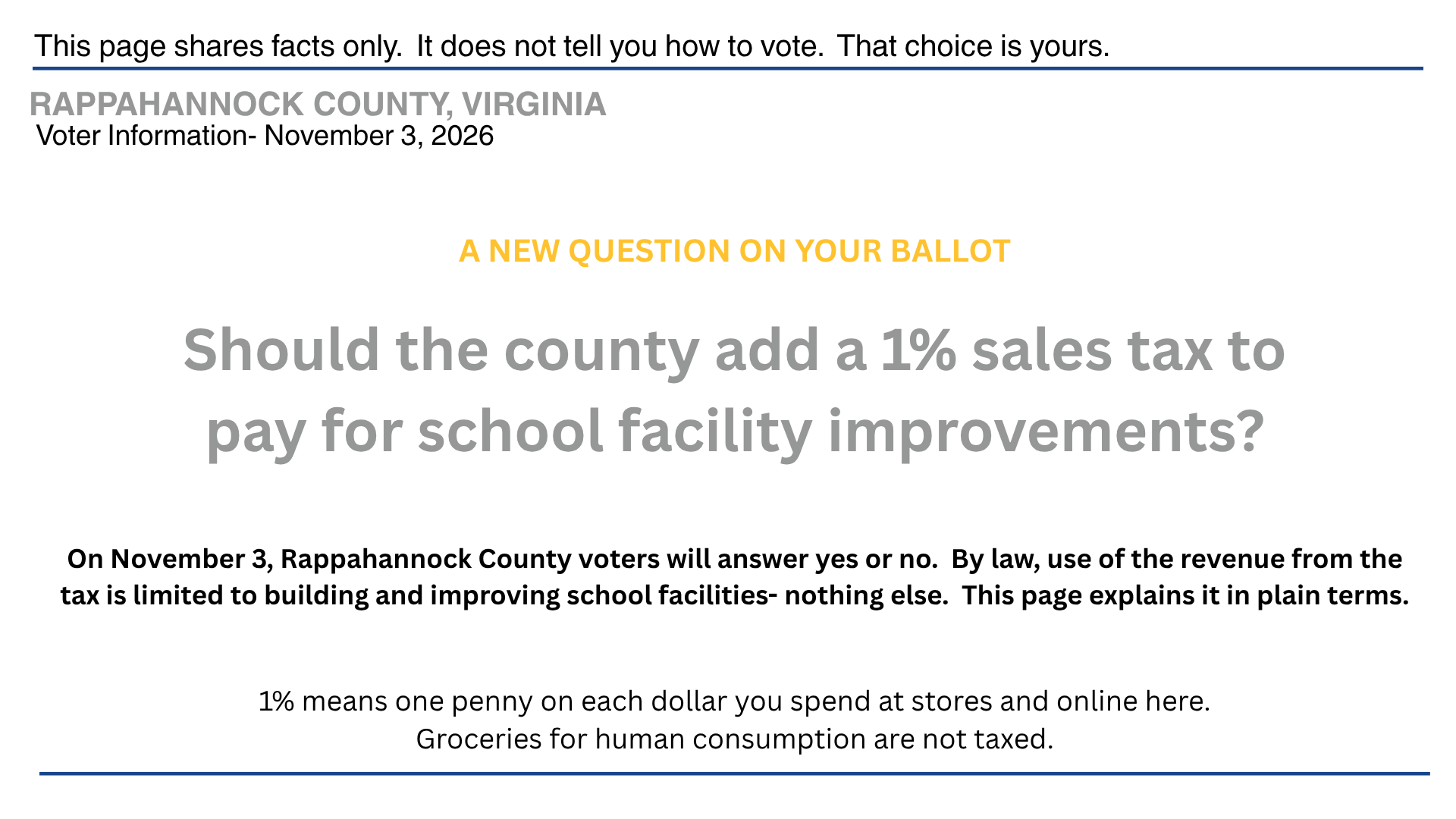 This page shares facts only.  It does not tell you how to vote.  The choice is yours.  A new question on your balled: Should the county add a 1% sales tax to pay for school building repairs.  On Nov. 3, Rappahannock County voters will answer yes or no.  The money could be only be used to fix and and improve school buildings nothing else.  This page explains it in plain terms.