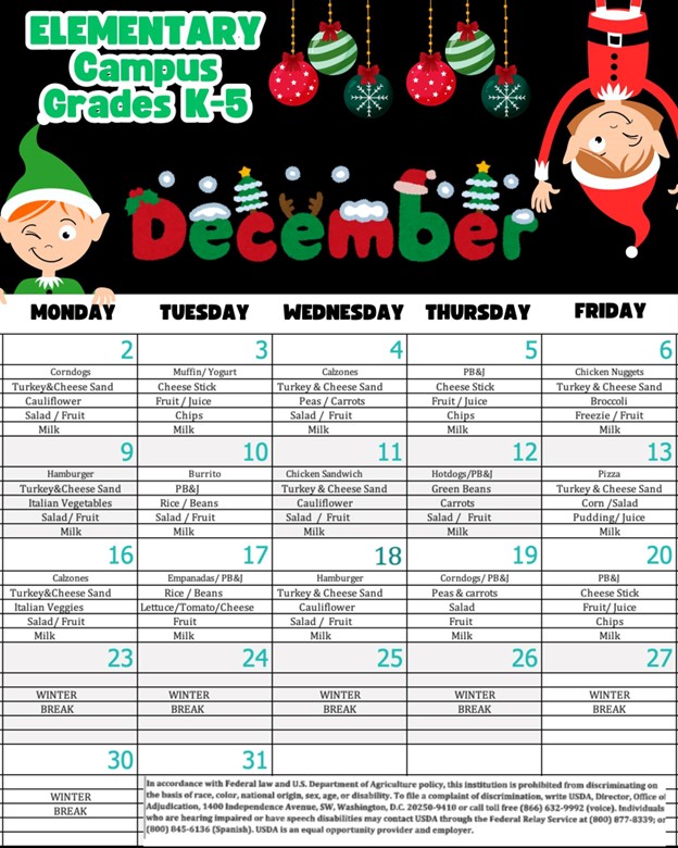 Elementary December Menu 2024