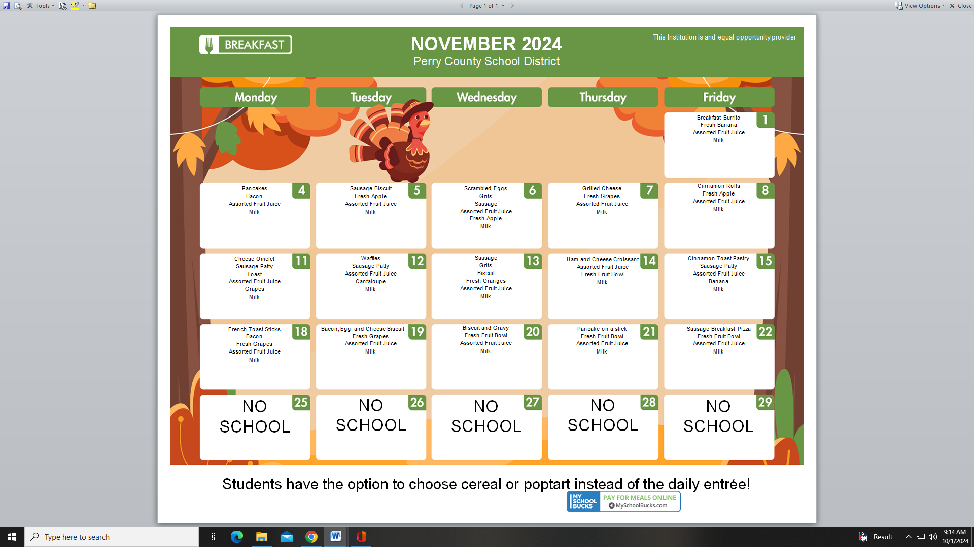 November Breakfast Menu 2024 