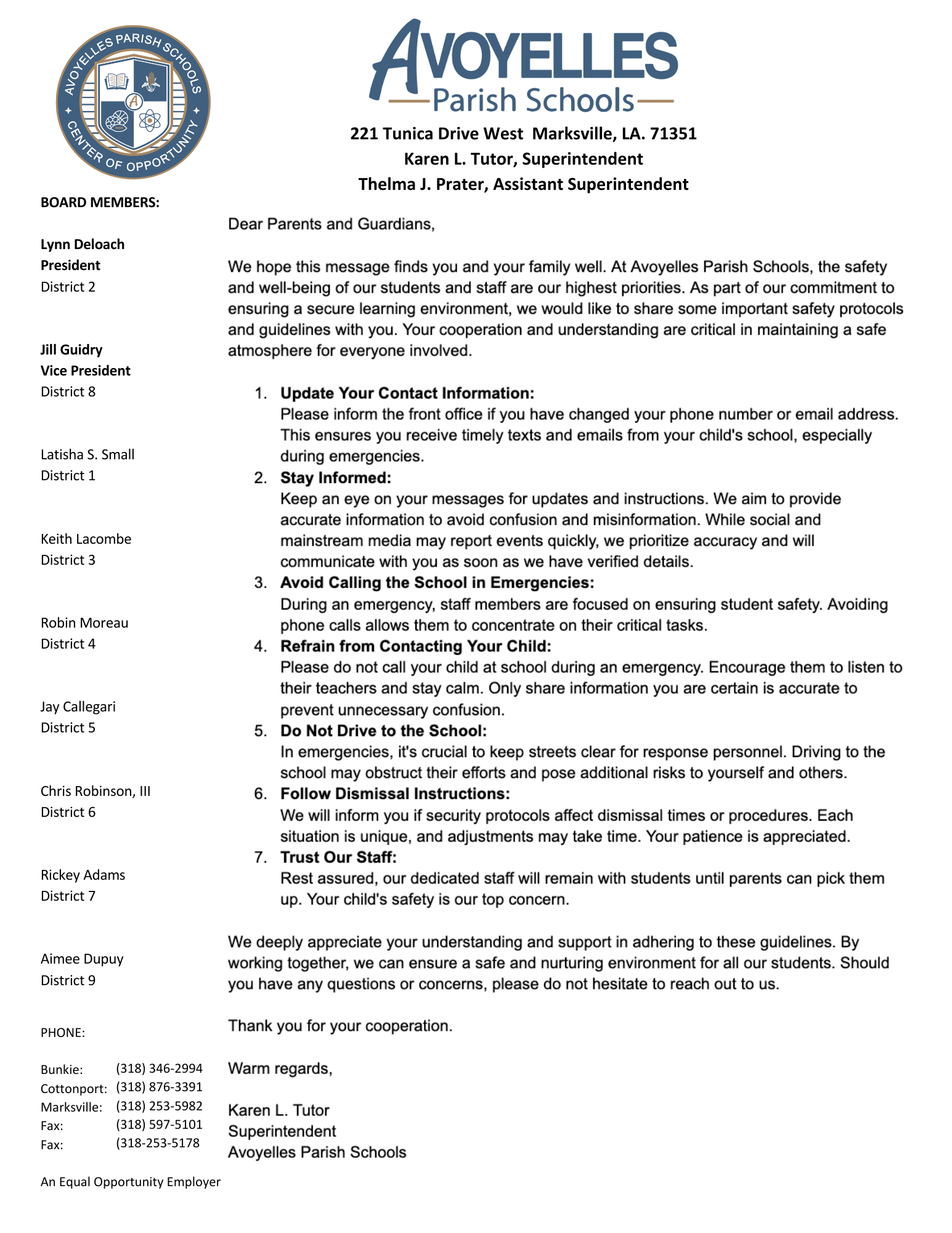 Superintendent Safety Letter to Parents