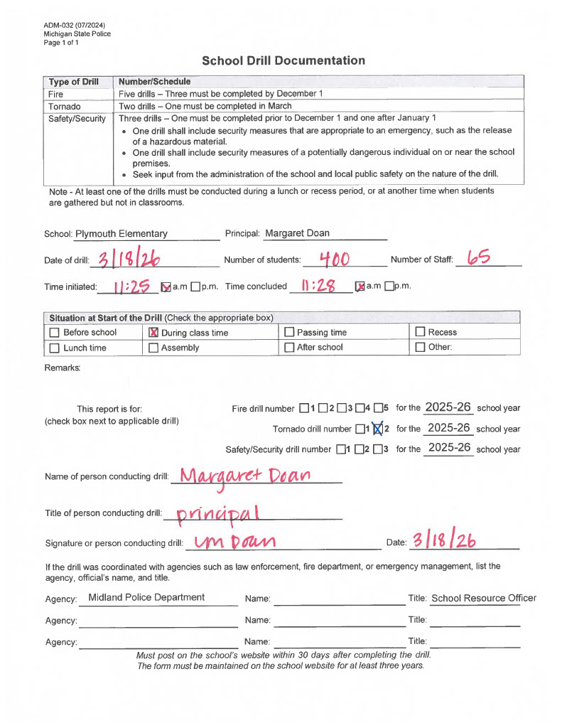 Form for Plymouth Elementary's second tornado drill of 2025-2026