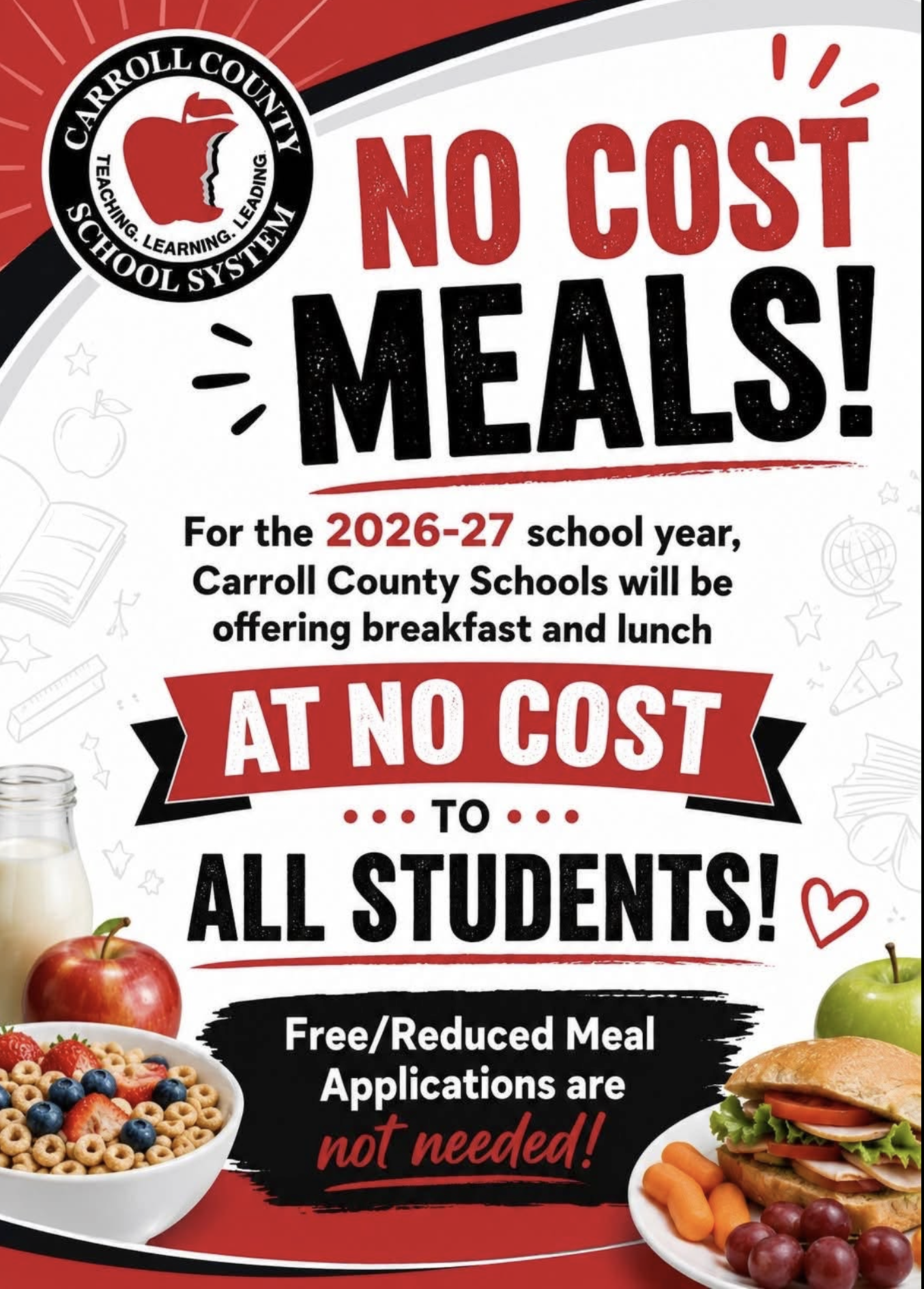 No Cost Meals for Students for the 2026-2027 School Year