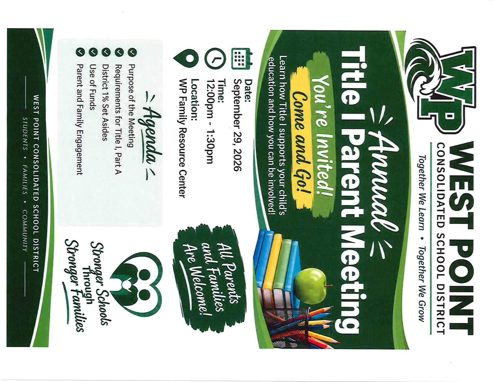 Annual Title I Parent Meeting flyer for West Point Consolidated School District announcing the September 29, 2026 meeting from 12:00 to 1:30 p.m. at the WP Family Resource Center, with information about Title I requirements, funding, and parent and family engagement.
