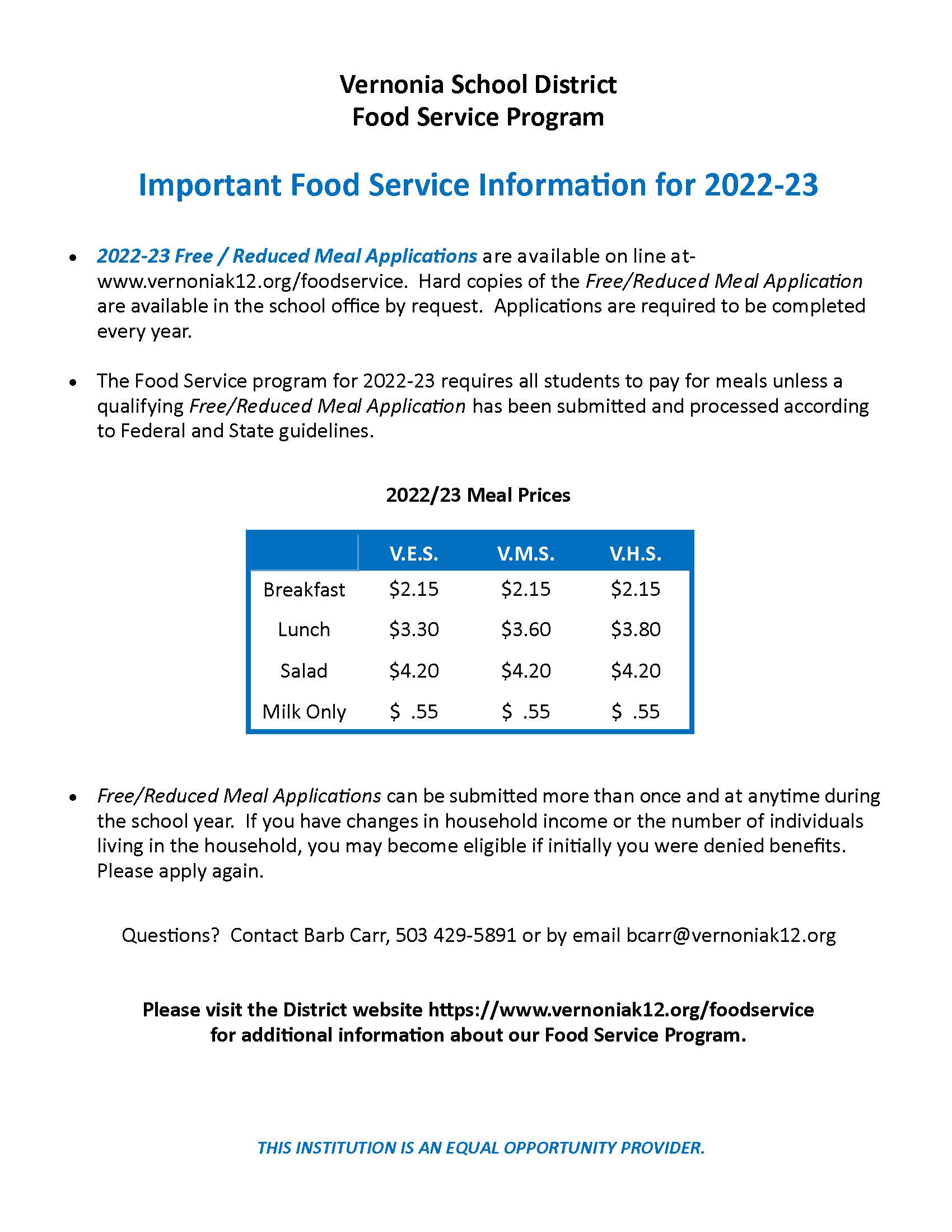 Important Food Service Info