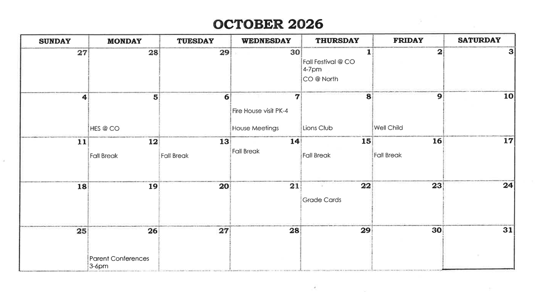 October Calendar