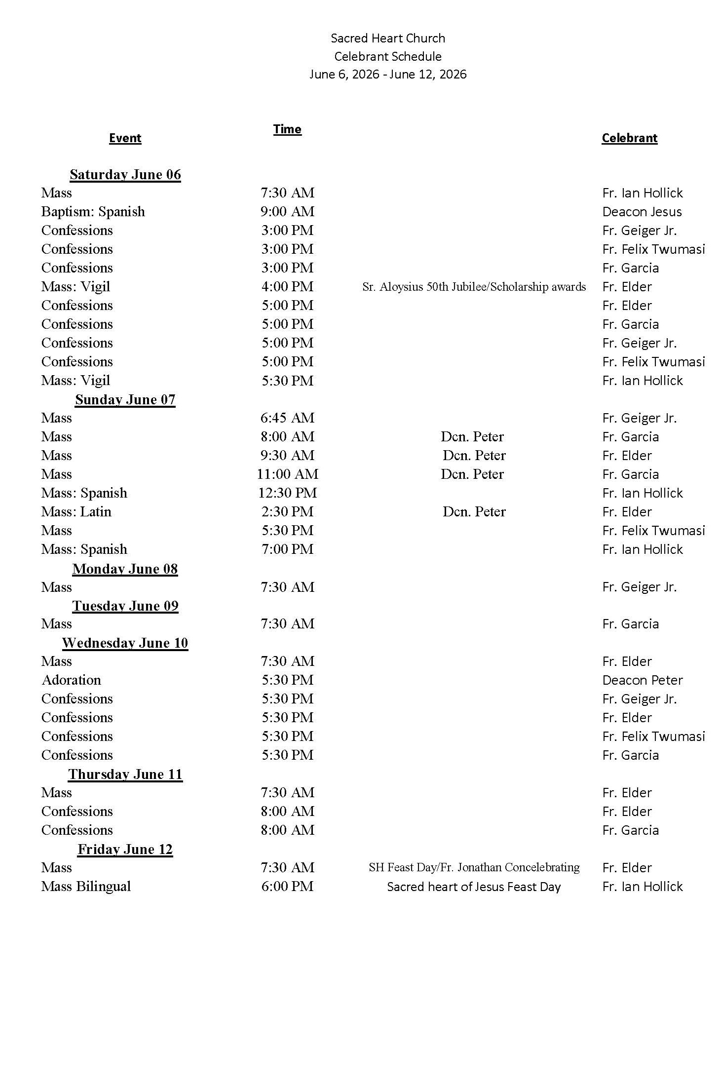 celebrant schedule
