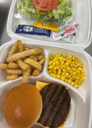 Cheeseburger, Lettuce/Tomato, Oven Fries and Whole Kernel Corn