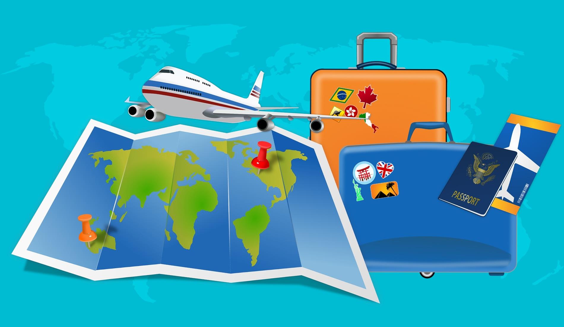 Travel image displaying open map beside suitcases decorated with souvenir stickers, passport & plane ticket, airplane in the sky above. Travel image displaying open map beside suitcases decorated with souvenir stickers, passport & plane ticket, airplane in the sky above.