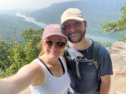 My fiancé and I hiking