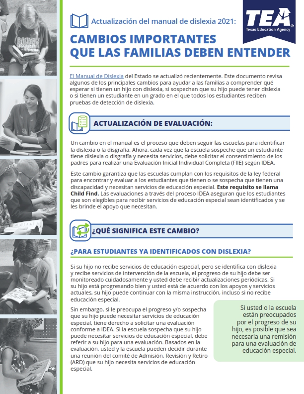 Dyslexia Handbook Important Changes for Families Flyer Spanish Version