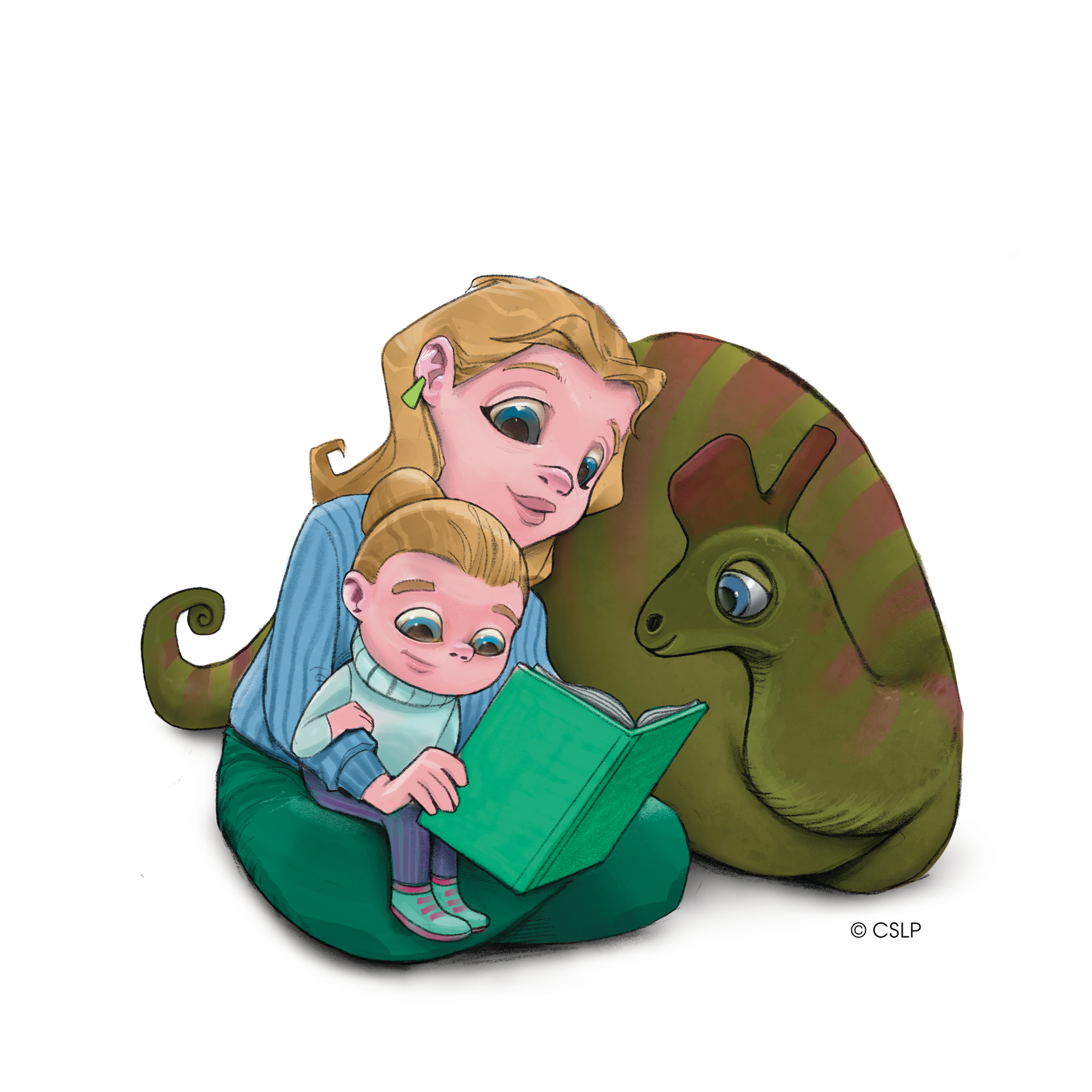 mom reading to child in her lap; both surrounded by dinosaur lying curled around them also listening to the story attentively