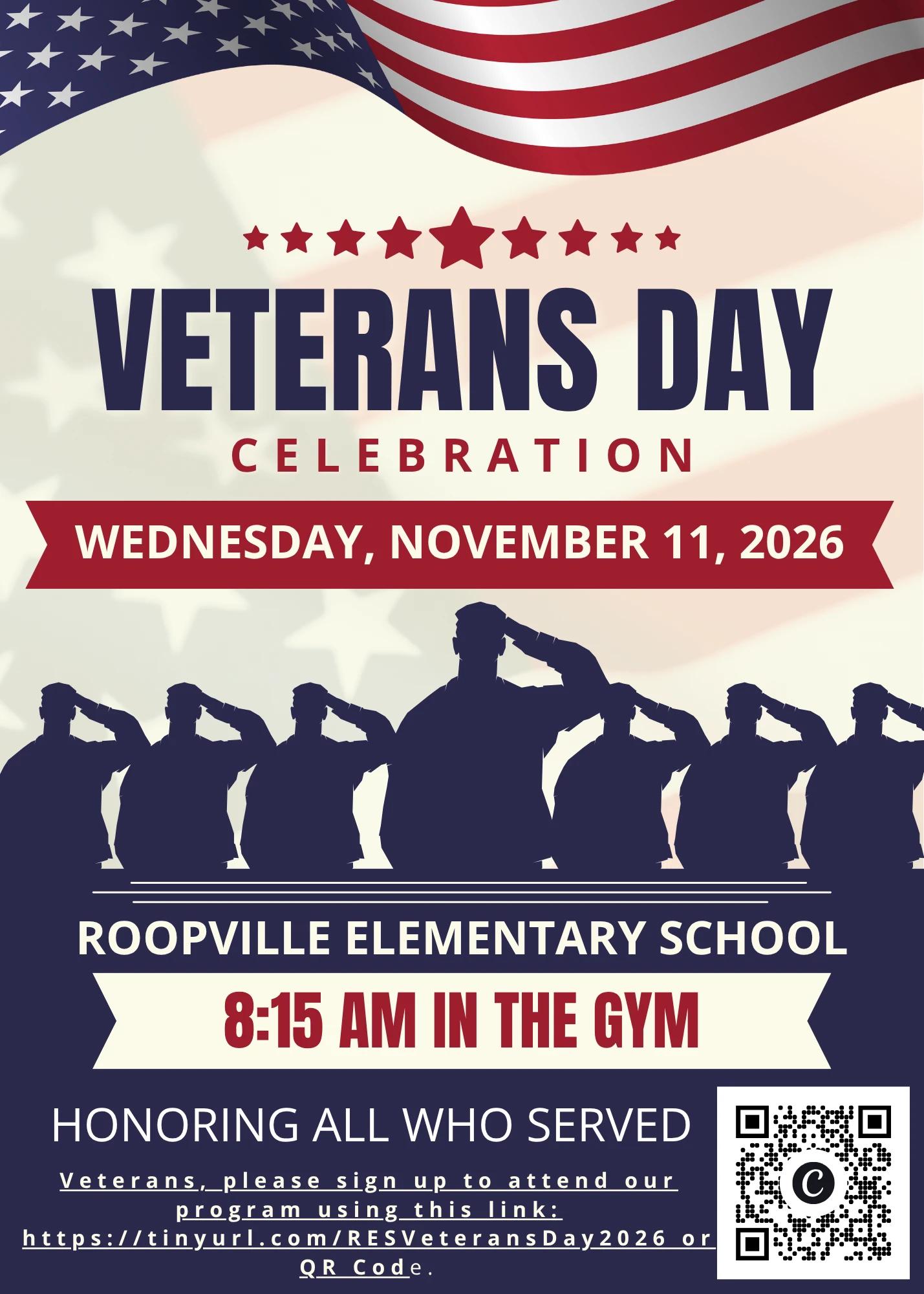 Veterans Day Celebration Wednesday Nov 11 2026 Roopville Elementary School 8:15 in the gym
