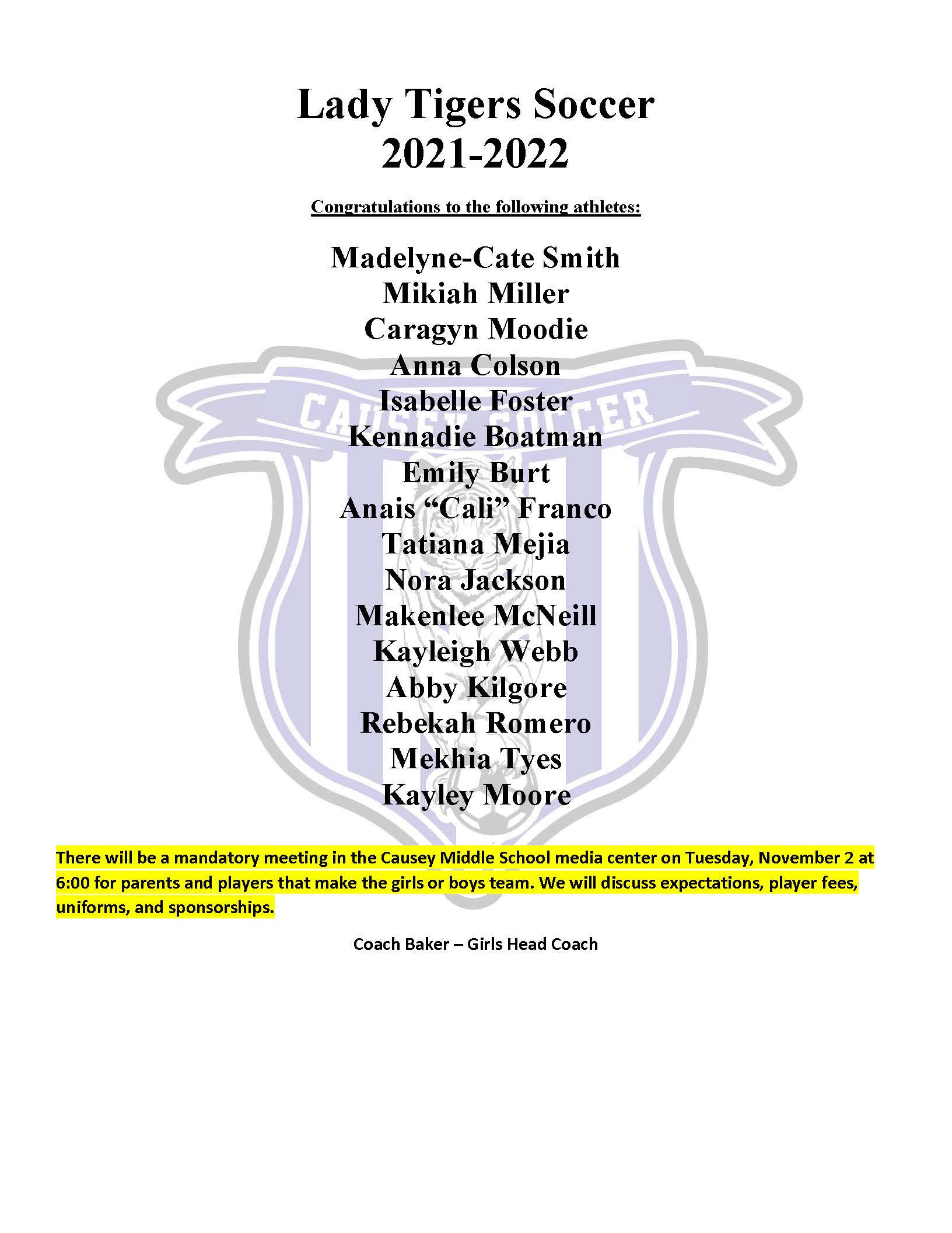 Causey Soccer Roster