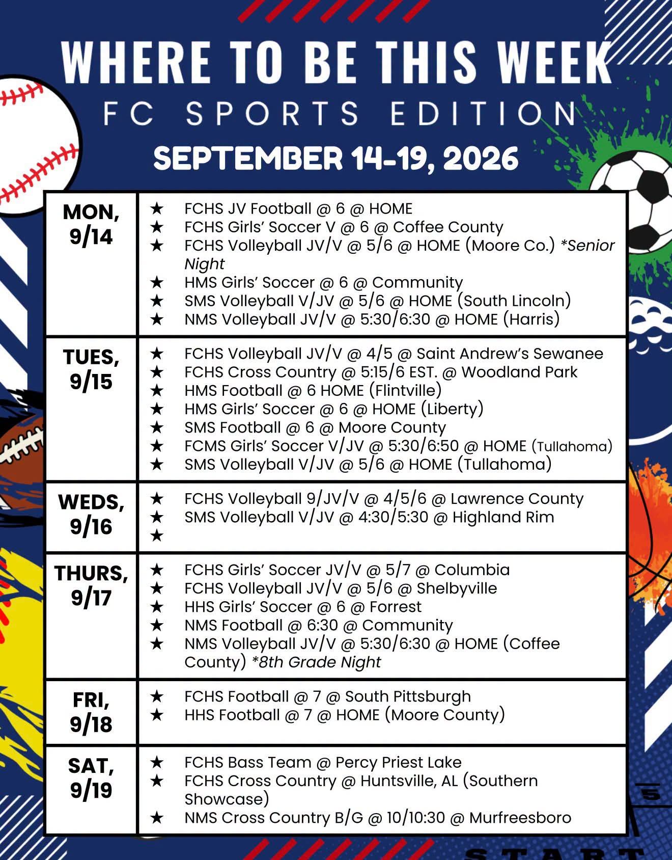 sports schedule for the week of 9/14-9/19