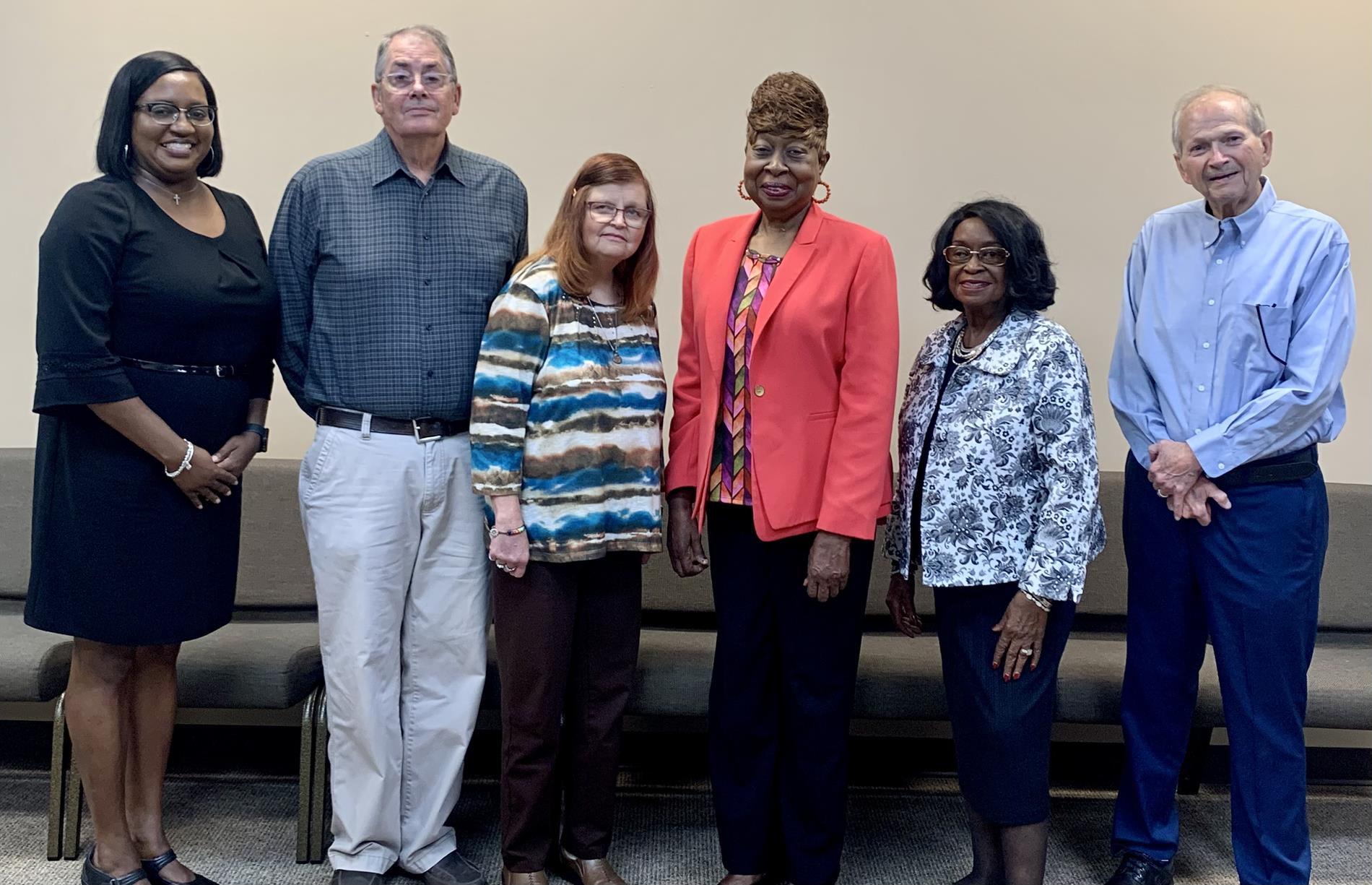 This is a group picture of the school board. Pictured from Left to Right:  Superintendent Jennifer Boyd, David Gagnon, Gail Holley, Gwen Harris-Brooks, Katie Walton, and Tony Edmondson